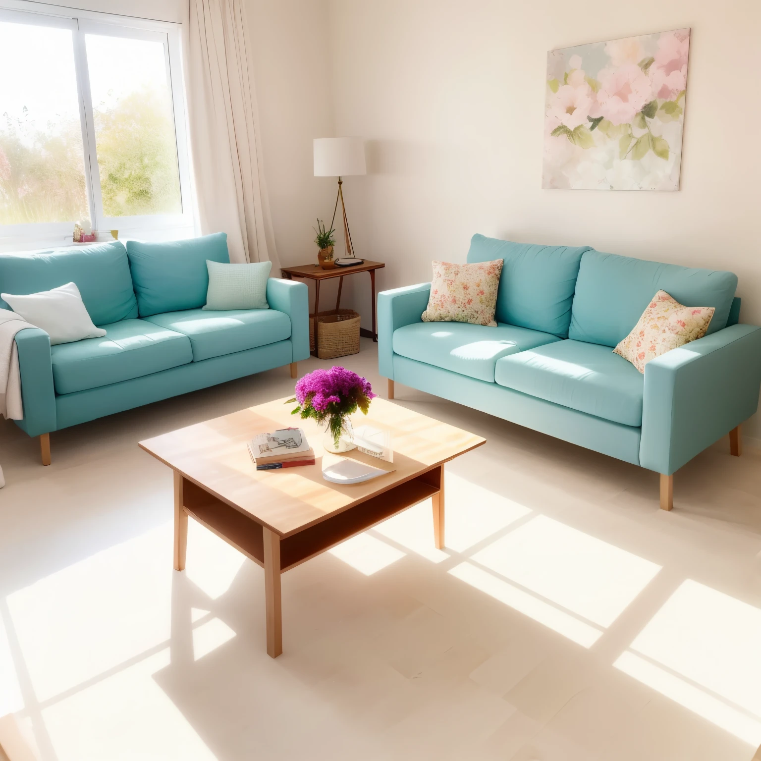 una sala de estar bellamente decorada por un profesional, con piso de madera, tussor curtains and the beautiful soft morning light coming through the window
