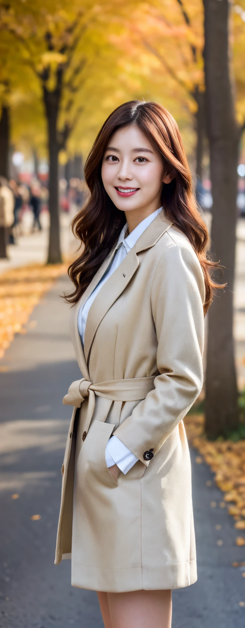 (8k, RAW photos, top quality, masterpiece: 1.2, ultra detailed, super resolution, real photos: 1.37), (Full body photo), 1 noble elegant Japanese lady, (standing contrapposte), winter season, ((pale color coodinate amber peach light brown other color, wearing over-size grey coat, beige long skirt, inner shirt, black tights, wearing long boots)), Shiny, Smile, Looks like 1.8 meters tall, large pelvis, Large breasts, big cuvy hips, Thin waist, Long legs, skin hyper-detail, 20 years old, Perfect face, (Detailed facial features), Wavy hair, Daylight, autumn season, center of street, crowd of people,