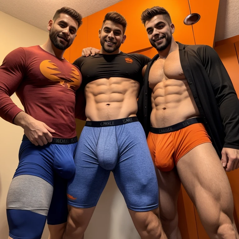 3 hombres, en boxers, with a very large and long bulge in the crotch, usando disfraces de Halloween.se tiene que ver la cara