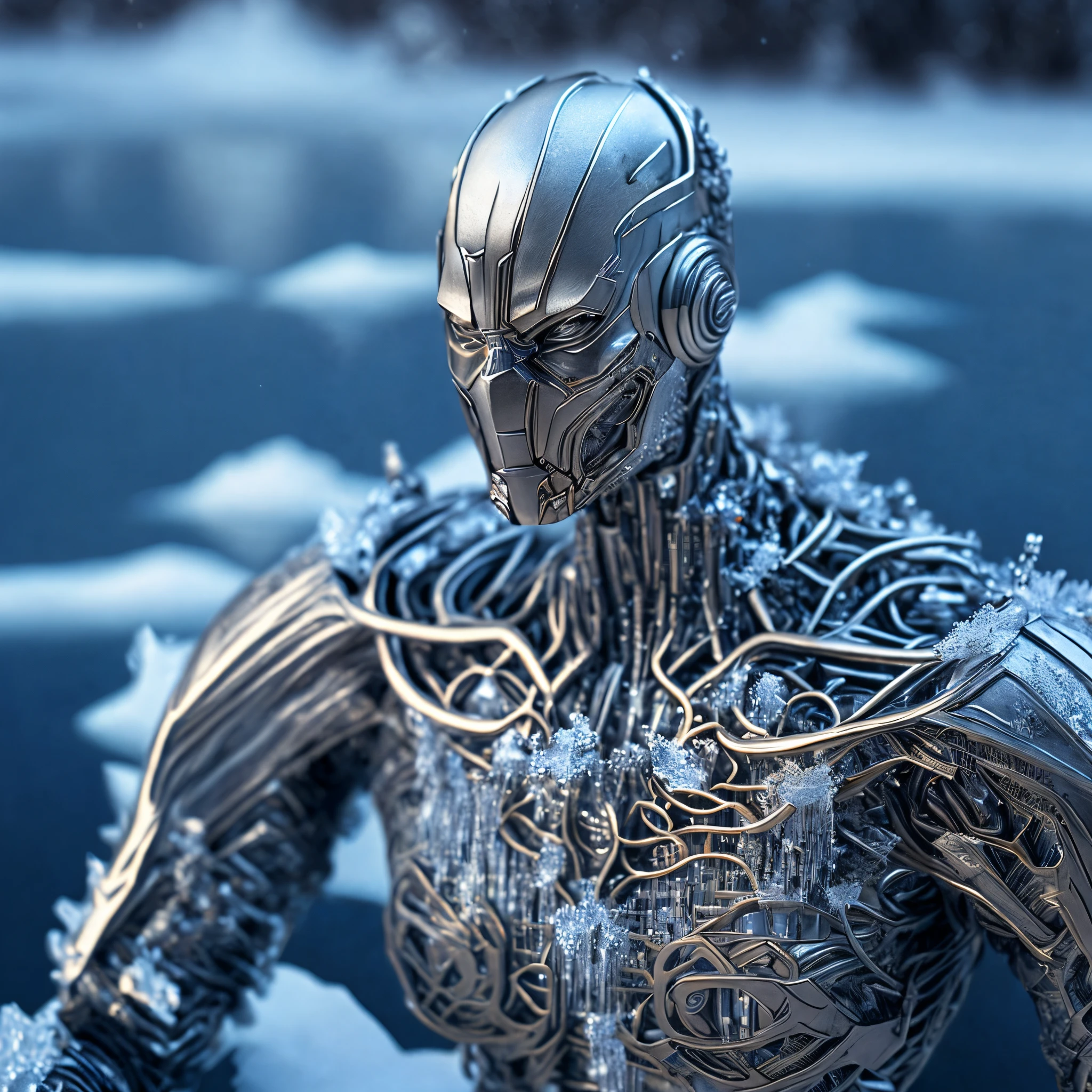 Close-up (Human figure cyro made of different metal objects from Marvel in cyro style: 1.3) emerging from the frozen lake, well detailed, volumetric light