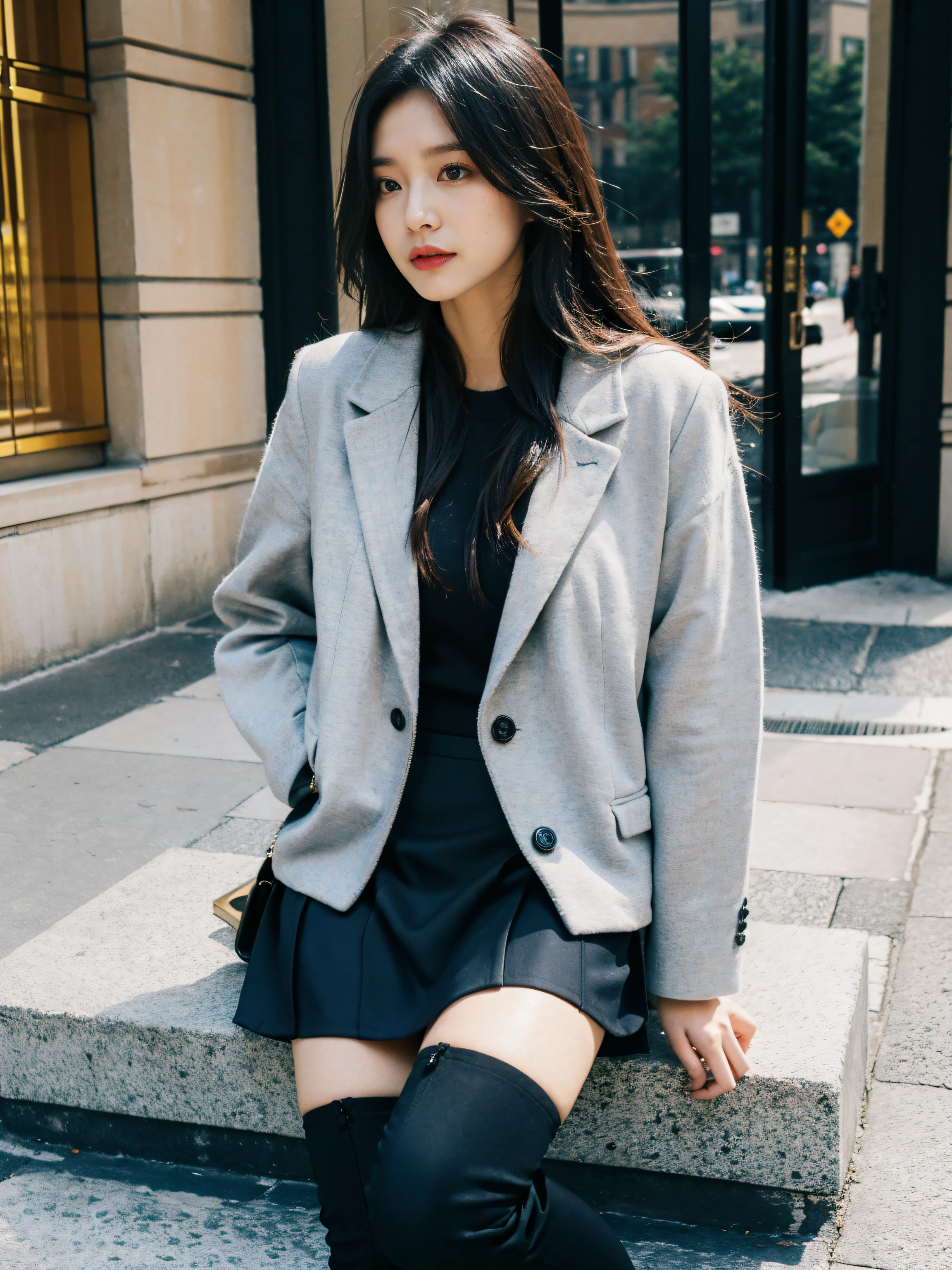 Best quality at best,tmasterpiece,超高分辨率,(actual:1.4),RAW photogr,hyper HD，8K，There  one girl，Stylish clothes,Chanel style，Stylish skinny suit, wearing jacket and skirt,high-class fashion，ellegance, short skirt and a long jacket, tigh-high boots，Over-the-knee boots，Casual pose