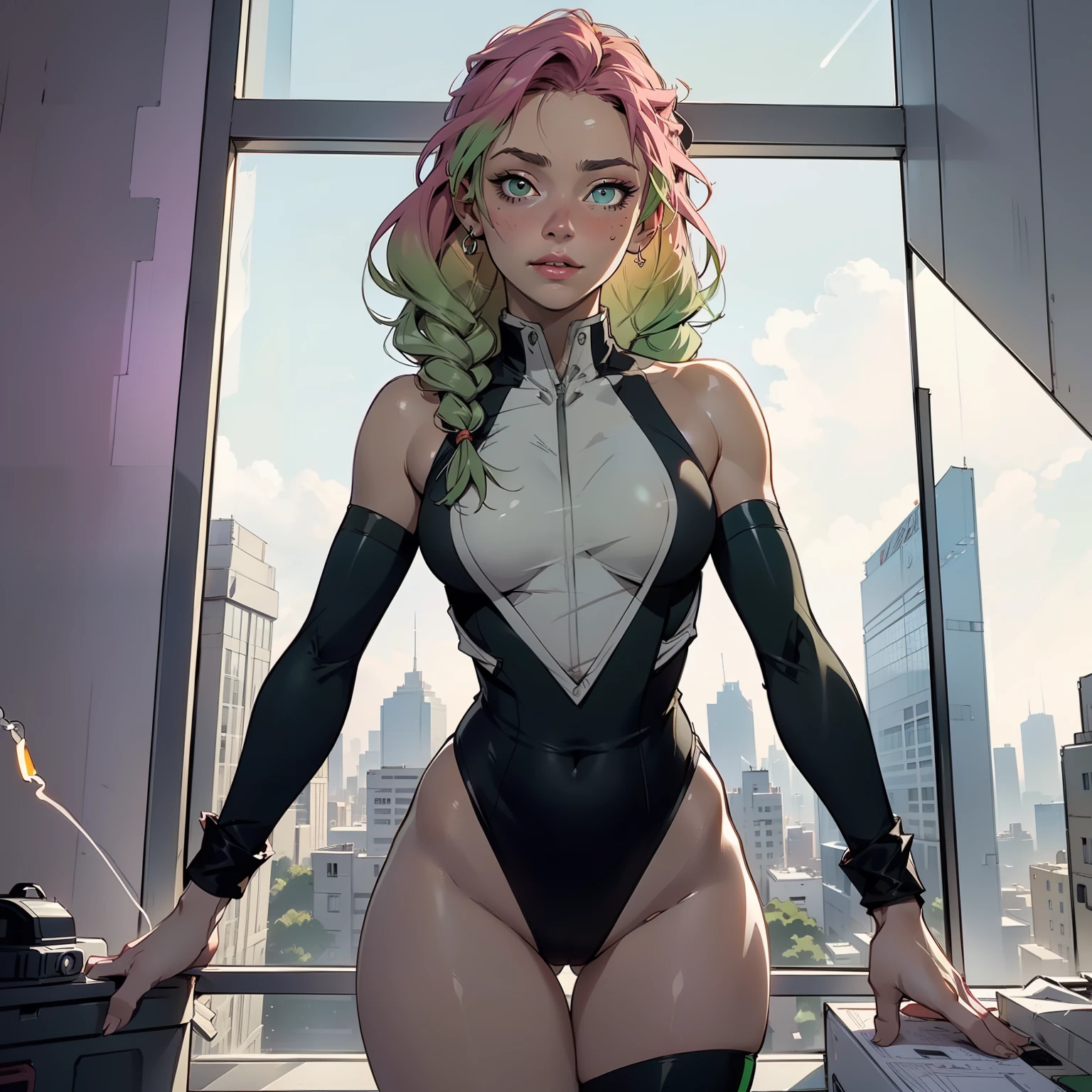 Hyper realistic super detailed y Mitsuri Kanroji, NSFW, Very detailed, expressions faciales sexseductive facial expressionace detail: 1.4): 0.4], 16K resolution, 4k resolution, dinamic lighting, High definition resolution, (sexy p, Position attrayante), (hyper realistic: 1.4),  , (sun light: 1), (pleine hauteur: 1.8),(contrasting background: 1.5), (Anatomy of the hyperrealistic arm), (Hyperrealistic anatomy of the legs), (peau propre), (lighting cinematic: 1.7), (intime), (Technologie NVIDIA RTX Ray Tracing), (Ventre plat parfait), (image couleur),Create a 4K resolution, ultra-realistic, and extremely detailed artwork featuring a Mitsuri Kanroji in a corporate office setting with a provocative style. Mitsuri Kanroji  the central character in the artwork. She stands in front of a big glass window of a modern office offering a cityscape view.

 ((Mitsuri Kanroji (from "demon slayer"))), a girl with long green-pink gradient hair and green eyes, green hair, gradient hair, multicolored hair, long hair, braided hair, She has a commanding presence. She has a provocative yet professional silhouette,  emphasizes her figure. Her makeup  bold, with striking red lips and a gaze that demands attention.

She  dressed provocatively,  a bold fashion statement. yellow leotard, orange leotard, thigh gap, bare shoulders, a touch of glamour to her overall appearance. shy and slight smile, thigh gap