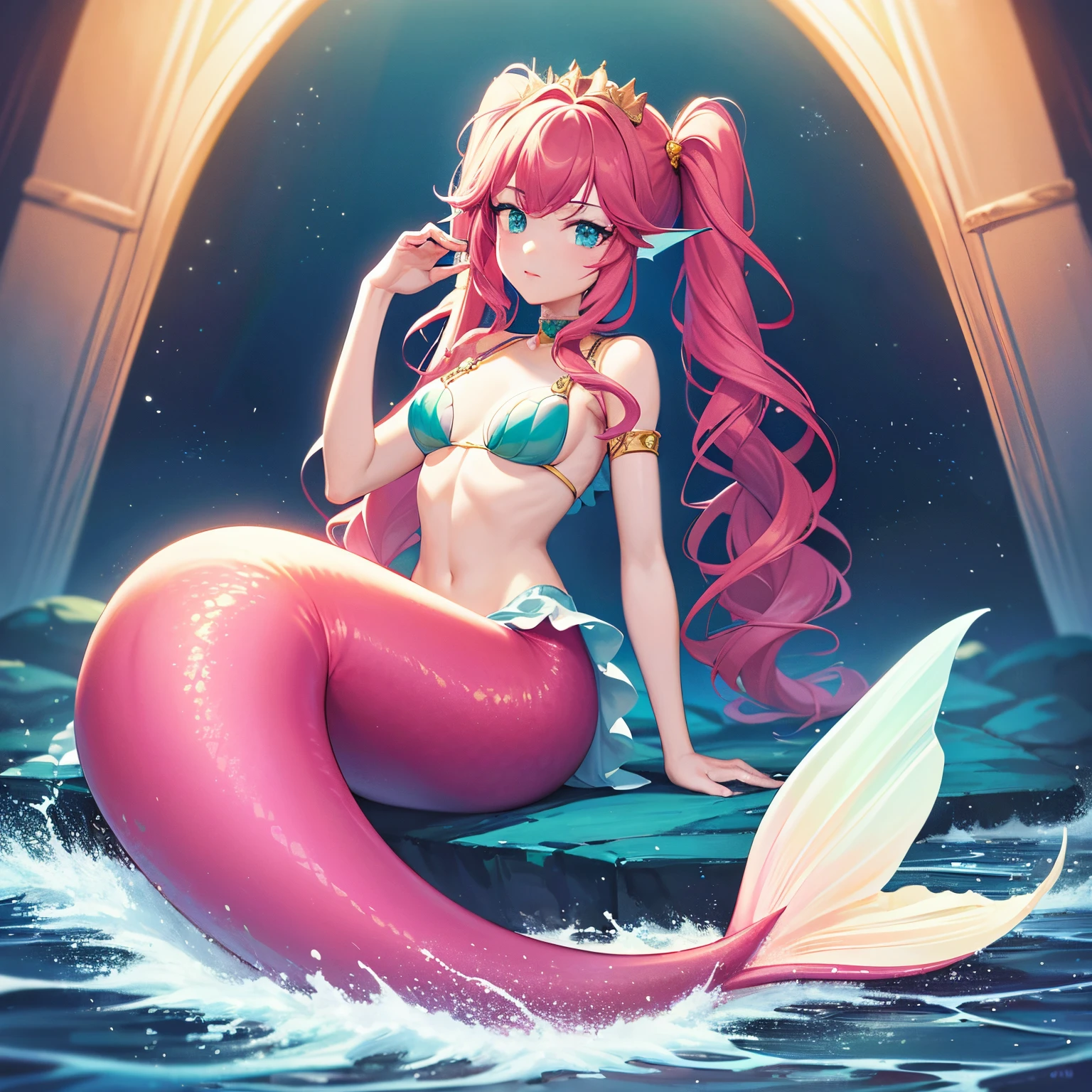 The prompt for the given theme is: "A pretty 15-year-old princess magically transformed into a beautiful mermaid, with a race swap. She has a fish-like appearance, including a long red mermaid tail below her waistline and fins as ears. The artwork should be drawn in an anime style, with the princess having very long pigtails of red hair. Best quality, 4k, highres, masterpiece:1.2, ultra-detailed, realistic:1.37 Medium: Anime Additional details: Sparkling ocean waves, colorful coral reefs, a golden crown adorning the princess's head, red scales shimmering under sunlight, a bra made of seashells, and a mesmerizing underwater castle in the background. Artistic style: Fantasy, Fantasy-Art, Portraits Color palette: Vibrant and iridescent colors, with shades of blue, green, and pink. Lighting: Soft and gentle underwater illumination, creating a magical and ethereal ambiance." Please make sure to adhere to the prompt format and include at least 5 detailed elements related to the theme.