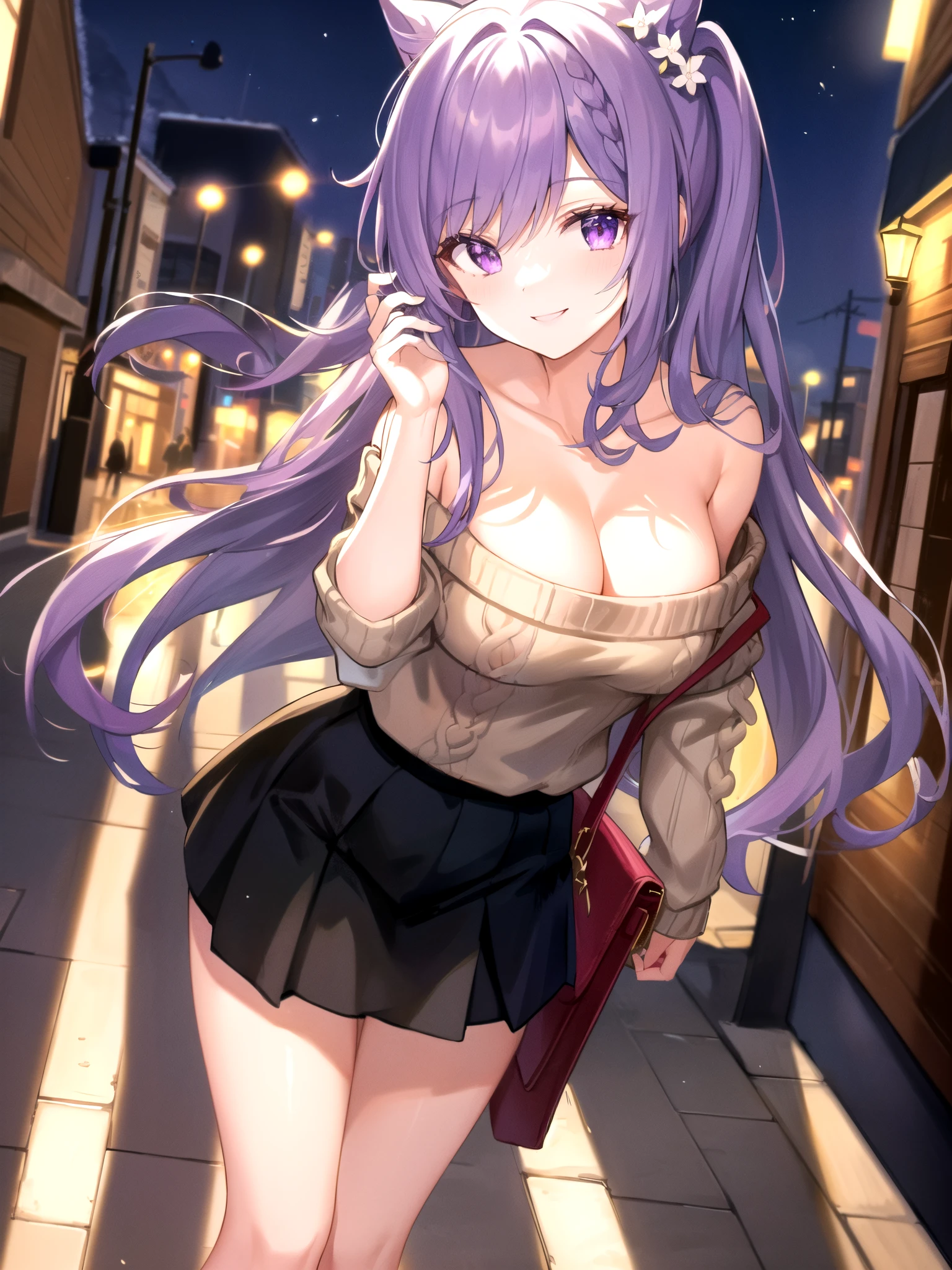 Keqing, solo, night time, moonlight, city street setting, (Anime illustration), ((detailed shadows)), (detailed lighting), (detailed buildings), detailed eyes. (dramatic chiaroscuro), ((Masterpiece)), ((perfect detailed hands)), ((intricate detail)), (flowing hair), purple hair, long hair, curly hair, ((detailed hair)), ((())), HD wallpaper, UHD image, (white oversized_off_shoulder sweater:1.2, (detailed sweater), (bare shoulder), (cleavage), (black pleaded skirt:1.2), carrying purse, smiling, perfect fingerare legs:1.2), standing