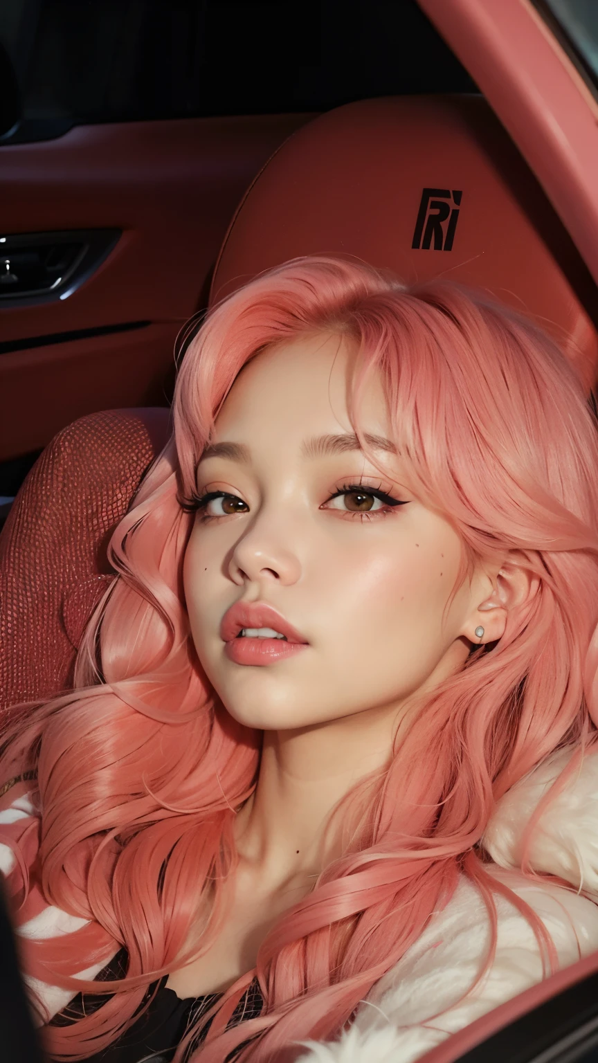 um close de uma mulher com cabelo rosa sentada em um carro, Parque Roseanne do Blackpink, Retrato de Jossi de Blackpink, jossi do blackpink, com cabelo rosa, flowing pink hair, cabelo rosa, tom de pele rosa pastel, long flowing pink hair, jennie blackpink, tonalidade rosa, cabelo chiclete, Cabelo rosa, Lalisa Manoban do Blackpink, Pele rosa