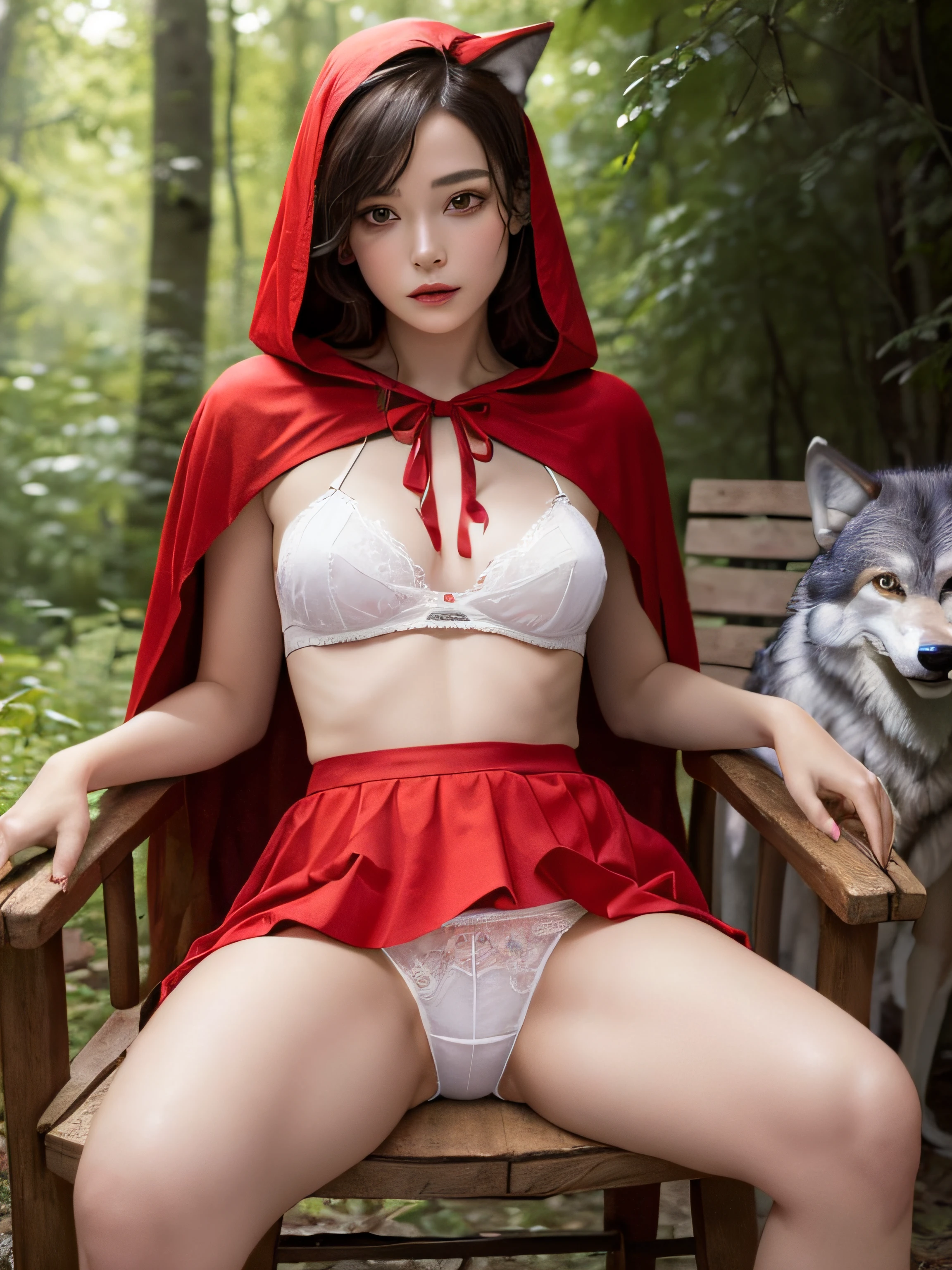 (European Beautiful Girl)、(Super beautiful)、(beauitful face:1.5)、(A detailed face)、( Little Red Riding Hood sitting on a chair in a forest hut)、(Wearing a red hood:1.2)、(with spreading legs:1.2)、(Show me my white panties from under my skirt:1.1)、(Red mini skirt)、(middlebreasts)、(Dressing)、(wolf next to her:1.7)、(At SFW:1.5)