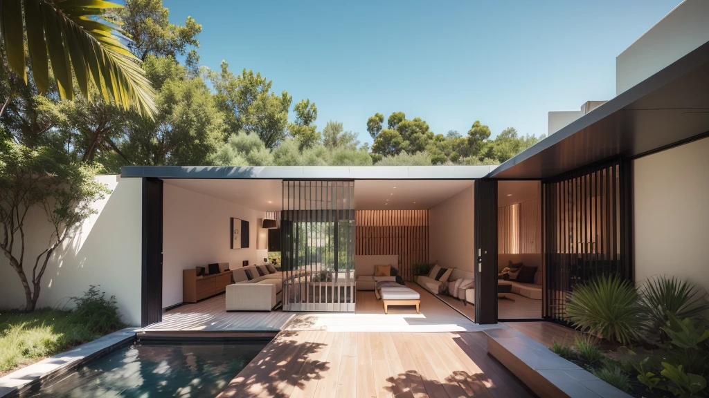 Subtropical Home Centred Around a Courtyard, white wall and stone wall with subtropical setting by emphasising outdoor living spaces and allowing a private sanctuary --auto --s2