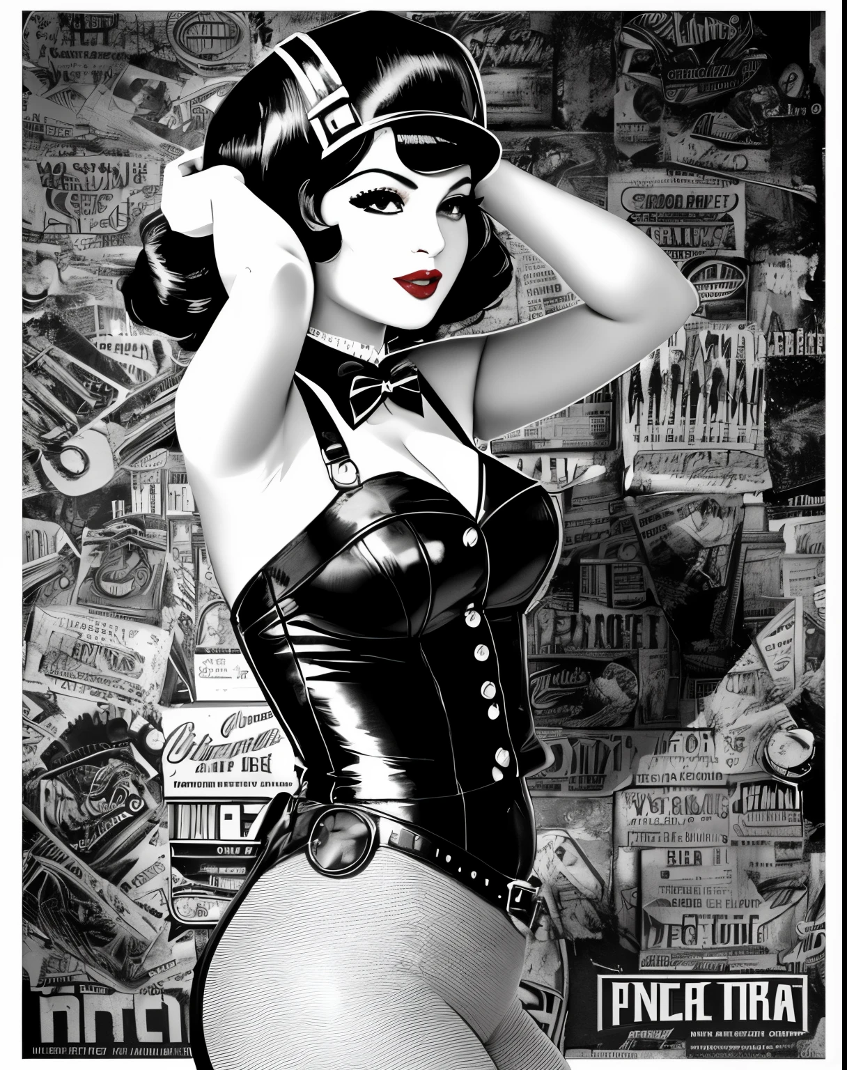 .pencil sketch style, Black and white image adds a vintage touch to the scene, capturing the essence of iconic pin-up art and vintage aesthetics of the time.