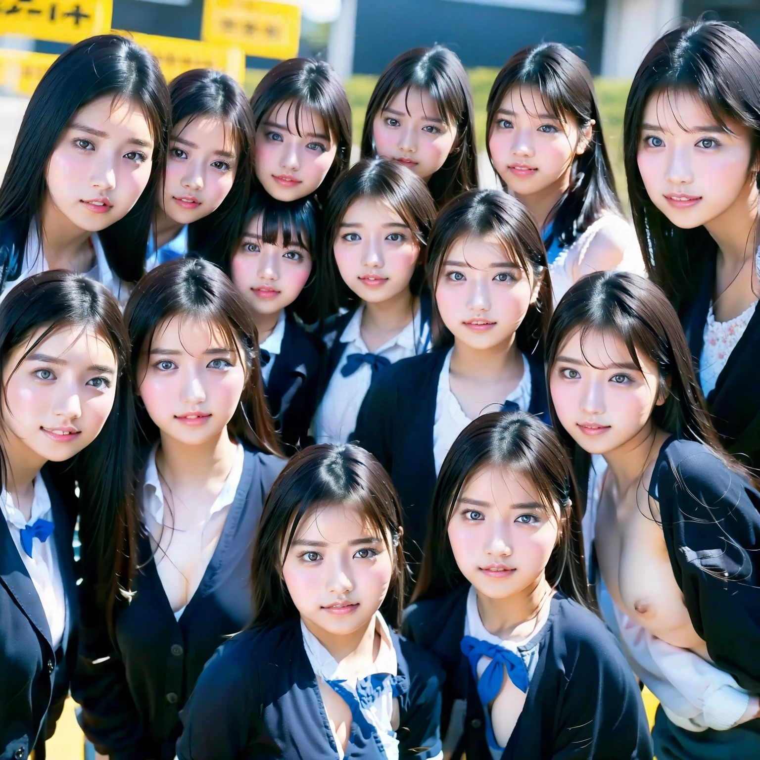 Raw photo、(((multiple girls))),((((6+girls)))),((((100girls)))),(((1000girls)))、((((100 Girls))))、((((Gigantic Breasts))))、Women only、The same face、matching school uniform、、Long black hair、100 cute girls going to school、a smile、Commuting to school、School route、In the street、selfee、same person、(((Large group)))、a junior high school student