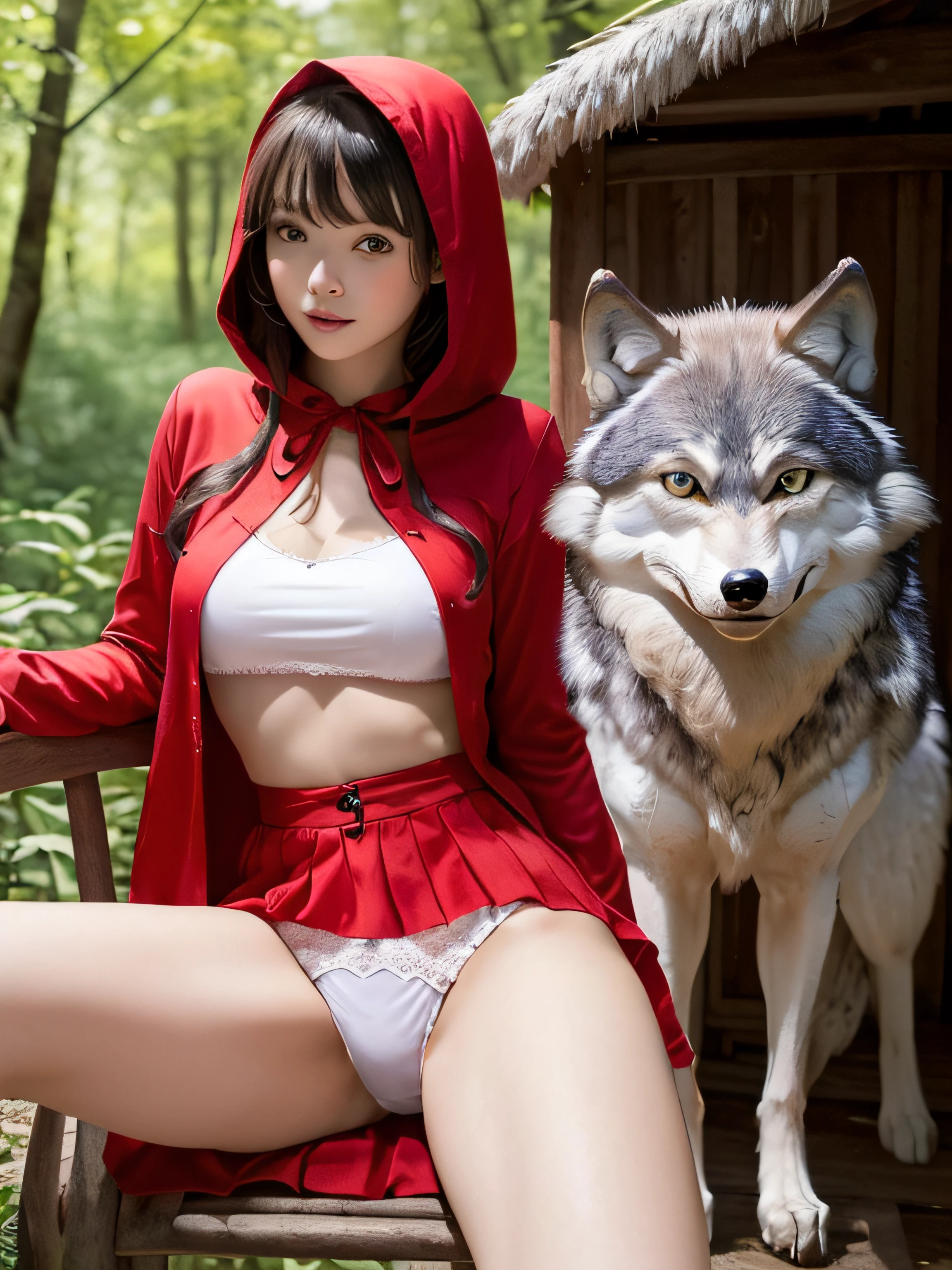 (European Beautiful Girl)、(Super beautiful)、(beauitful face:1.5)、(A detailed face)、( Little Red Riding Hood sitting on a chair in a forest hut)、(Wearing a red hood:1.2)、(with spreading legs:1.2)、(Show me my white panties from under my skirt:1.1)、(Red mini skirt)、(middlebreasts)、(Dressing)、(wolf next to her:1.7)、(At SFW:1.5)