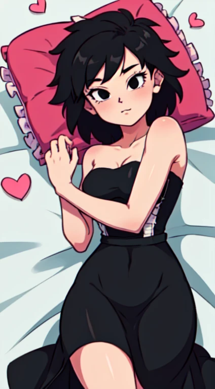 Gine, Black Hair, Short Hair, Black Eyes, seductive, medium breast, bare shoulder, strapless, black sweetheart dress, short black dress, black pencil dress, lying in bed, bed sheet, frilled pillow, frills, heart pillow, pinup, 2D illustration