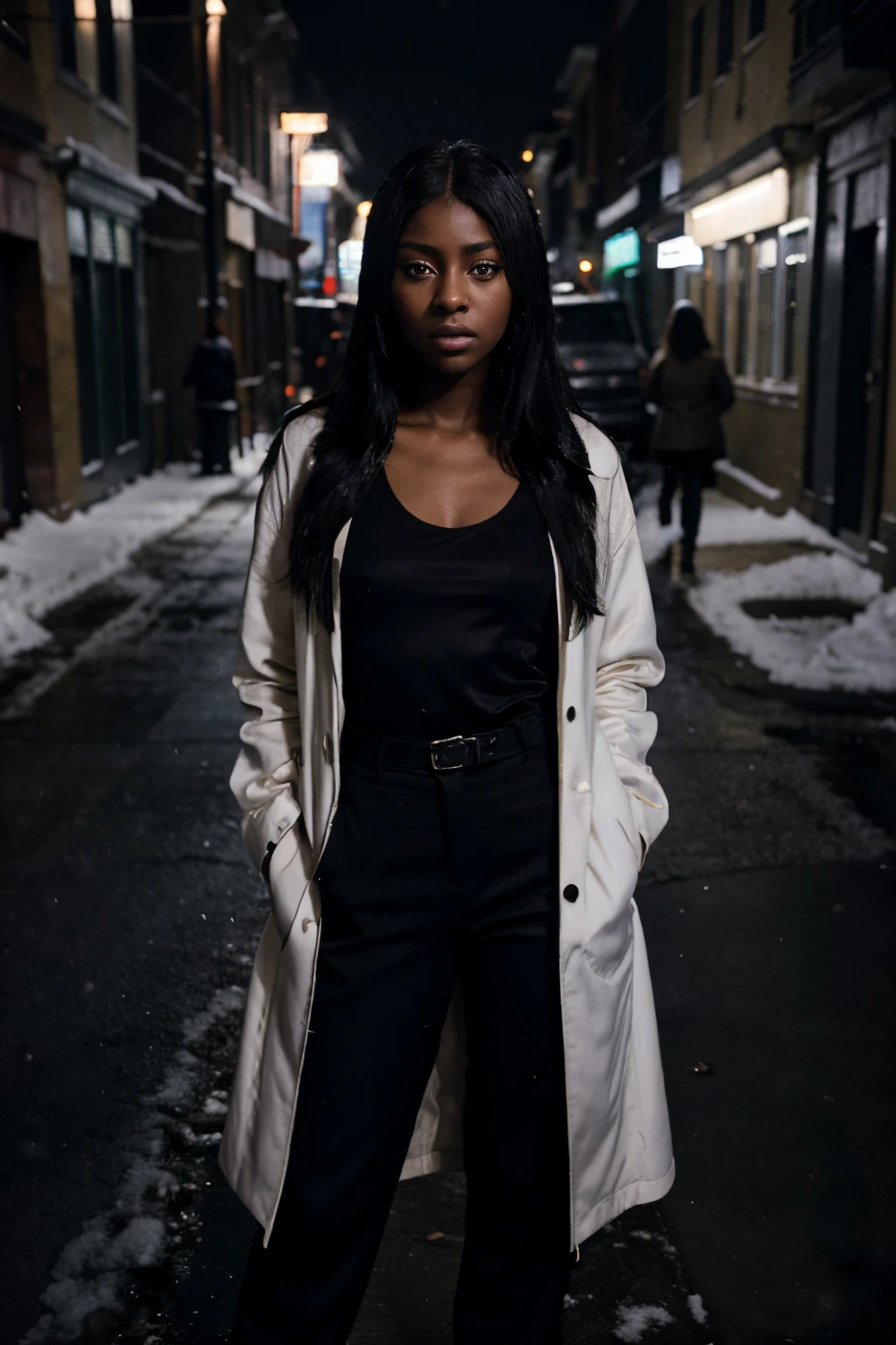 justine skye with straight silky black hair, photographed by photographer annie leibovitz, on a dark street in the Bronx at night, snow is falling, dramatic scene, wide shot, sharp focus, 8k photo, dark moody aesthetic, deep shadows, serious expression on her face, sad expression, innocent face, black pants suit, and bright white coat