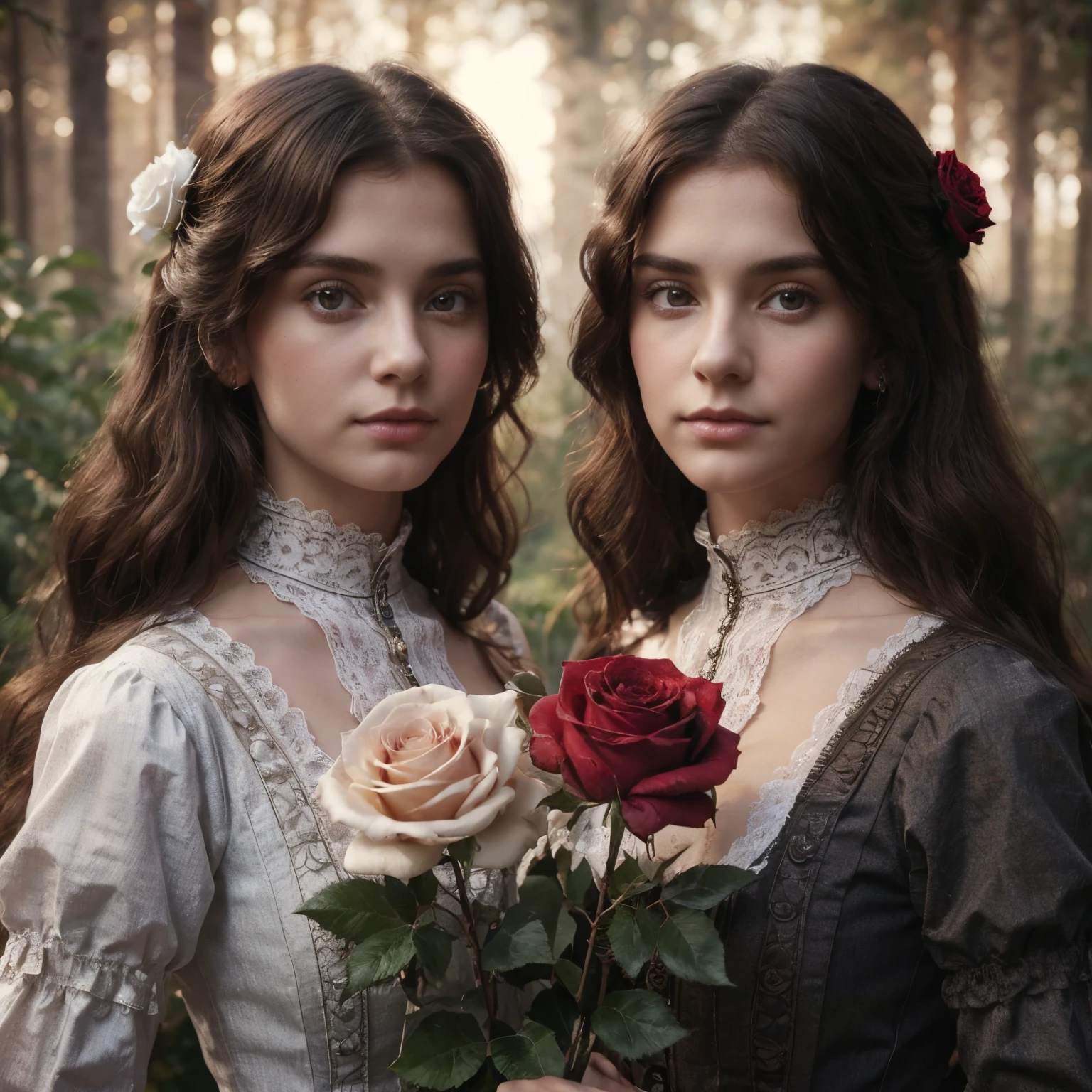 A photo of twin sisters as young Germanic women standing next to each other. Both have dark hair. One sister holds a white rose and the other sister holds a red rose. Victorian era clothing. Background is a blurred forest. Photorealistic.