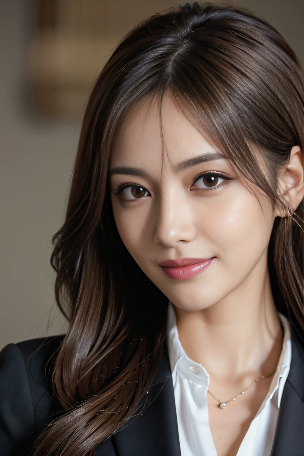 masutepiece, Best Quality, Photorealistic, Ultra-detailed, finely detail, High resolution, 8K Wallpaper, 1 beautiful woman,, light brown messy hair, in a business suit, foco nítido, Perfect dynamic composition, Beautiful detailed eyes, detailed hairs, Detailed realistic skin texture, Smiling, Close-up portrait, Model body type