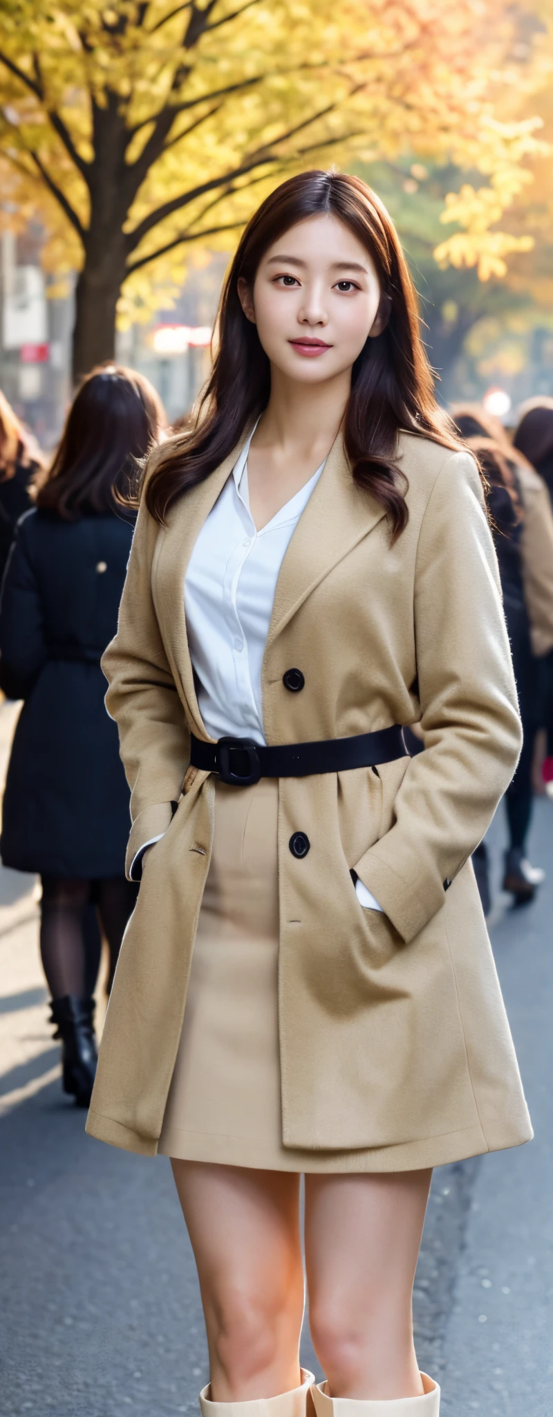 (8k, RAW photos, top quality, masterpiece: 1.2, ultra detailed, super resolution, real photos: 1.37), (Full body photo), 1 noble elegant Japanese lady, (standing contrapposte), winter season, ((pale color coodinate light brown other color, wearing over-size grey coat, beige long skirt, black tights, wearing long boots)), Shiny, Smile, Looks like 1.8 meters tall, large pelvis, Large breasts, big cuvy hips, Thin waist, Long legs, skin hyper-detail, 20 years old, Perfect face, (Detailed facial features), Wavy hair, Daylight, autumn season, center of street, crowd of people,