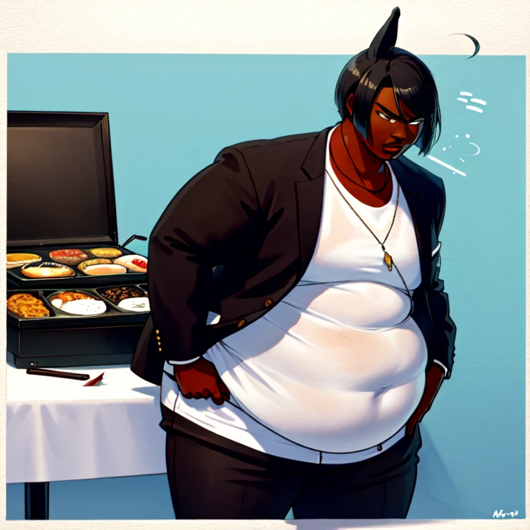 Anime illustration of a , (1boy, Solo), High quality,high Aesthetic, Masterpiece, Femboy,((well drawn face:2)), ((anatomically accurate body)),(( beautiful )) ((Tan Skin:1.4)), ((Black hair in a Bob Cut )), ((black Jackal Ears and Fluffy tail)) , black Eyeliner, Wearing a open charcoal Black Suit jacket , Matching Suit pants and white button up shirt, WeightObese, Thick thighs, Huge butt , Hyper hips, ((Large Belly)), Buttons Popping , Expression: Grumpy, Serious , Pose: Looking down at Viewer, Background: At a diner with Food on the table