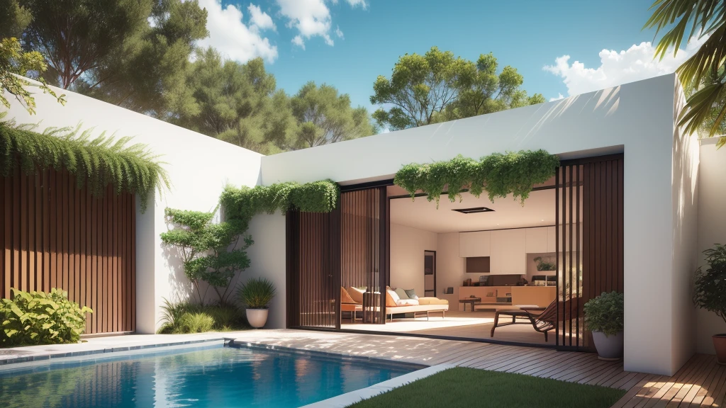 Subtropical Home Centred Around a Courtyard, white wall and stone wall with subtropical setting by emphasising outdoor living spaces and allowing a private sanctuary --auto --s2