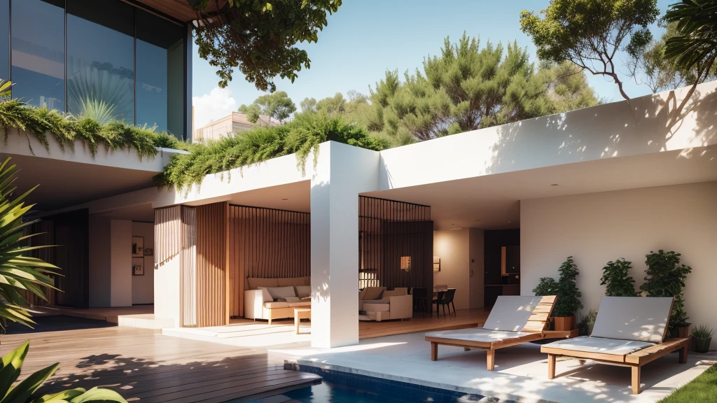 Subtropical Home Centred Around a Courtyard, white wall and stone wall with subtropical setting by emphasising outdoor living spaces and allowing a private sanctuary --auto --s2