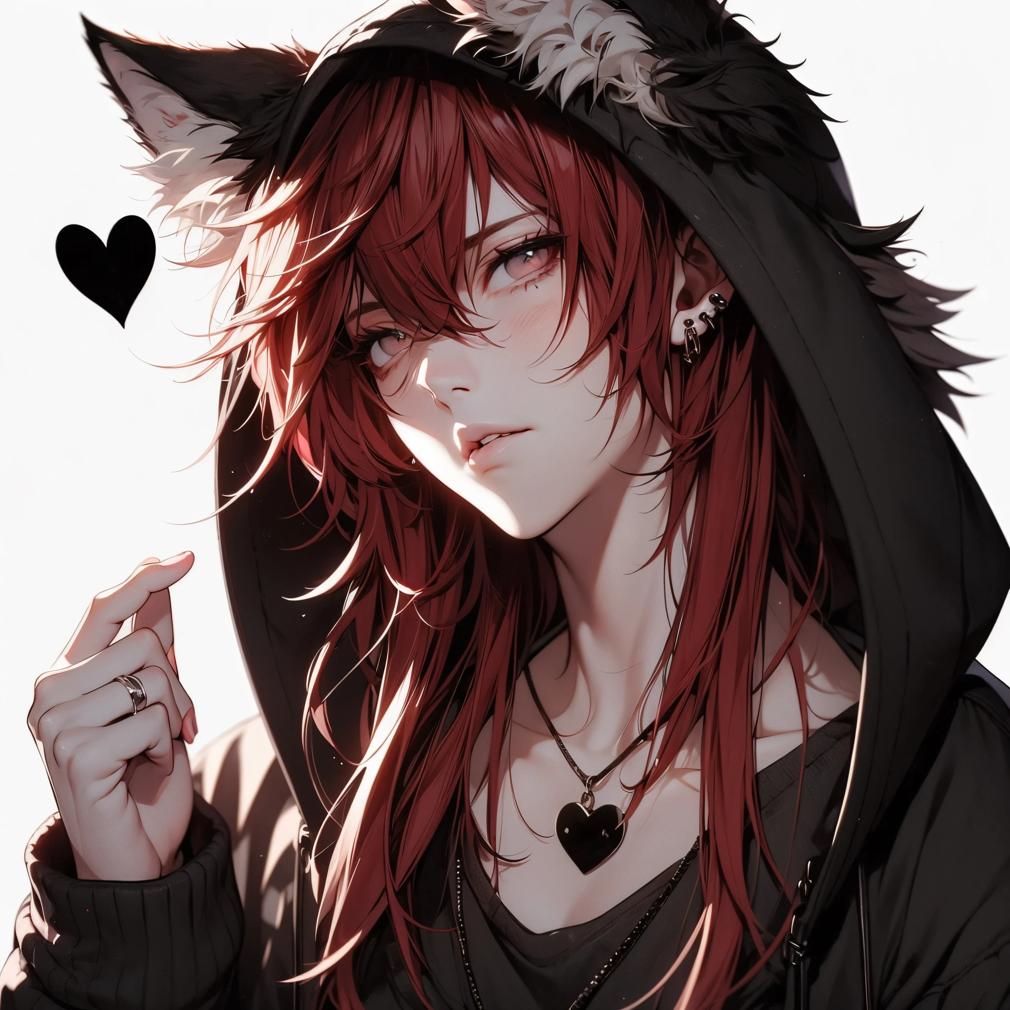 Beautiful young man, Red hair, Gray eyes, shoulder length hair, slit-eyes, black hooded hoodie with wolf ears, White background, Dog Pose, shoulders up, flying black heart,High quality, amount of drawing, pixiv illustration