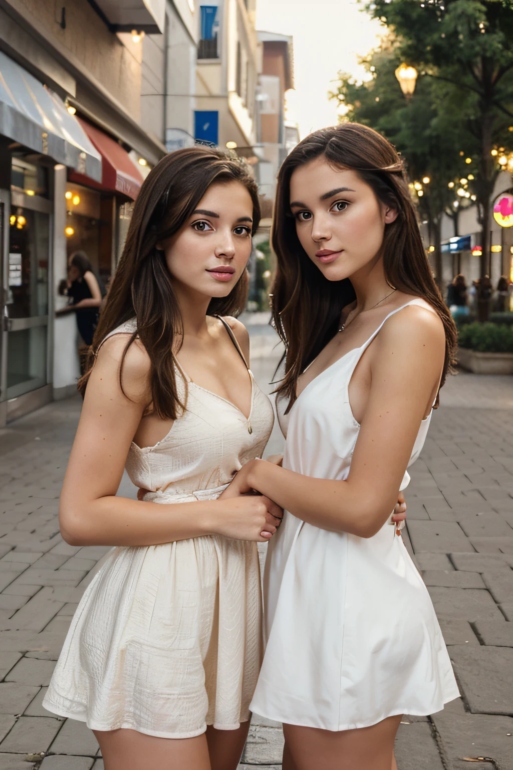 Two women in white dresses standing on a sidewalk in a city - SeaArt AI