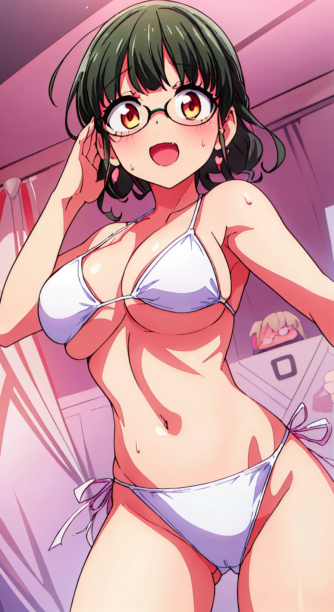 ((masutepiece, Best Quality, hight resolution, nffsw, Perfect Pixel, 4K, nffsw, nffsw))), 1girl in,((NSFW)), Beautie、((short-hair, Bangs, Black hair)), ((Red Eyes, Beautiful eyelashes, Realistic eyes)), ((Detailed face, Blushing:1.2)), ((Smooth texture:0.75, Realistic texture:0.65, Photorealistic:1.1, Anime CG style)), ((well-muscled、huge-breasted,big butts、thick thighs))、 Dynamic Angle, Perfect body, the beach、((Hands behind the head、srestrained、Armpits、spreading legs))、((very embarrassing panic、:D、Sweat、))、(White Bikini、eye glasses)、