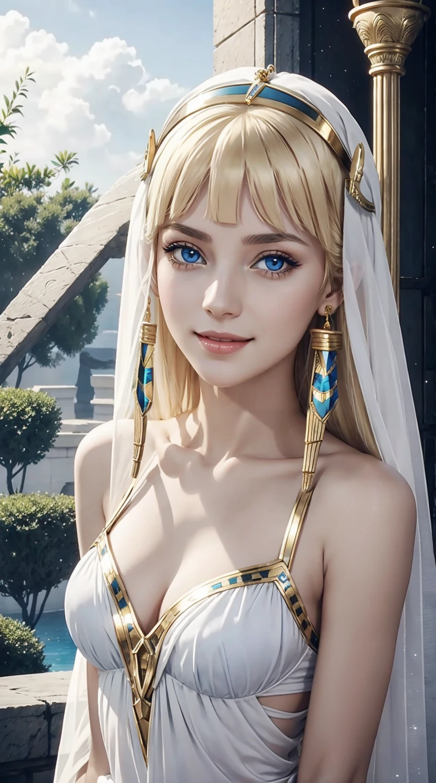 Cleopatra of Egypt、She is a timeless beauty、be white、platinum-blonde、blue eyess、Wearing transparent cloth、a smile