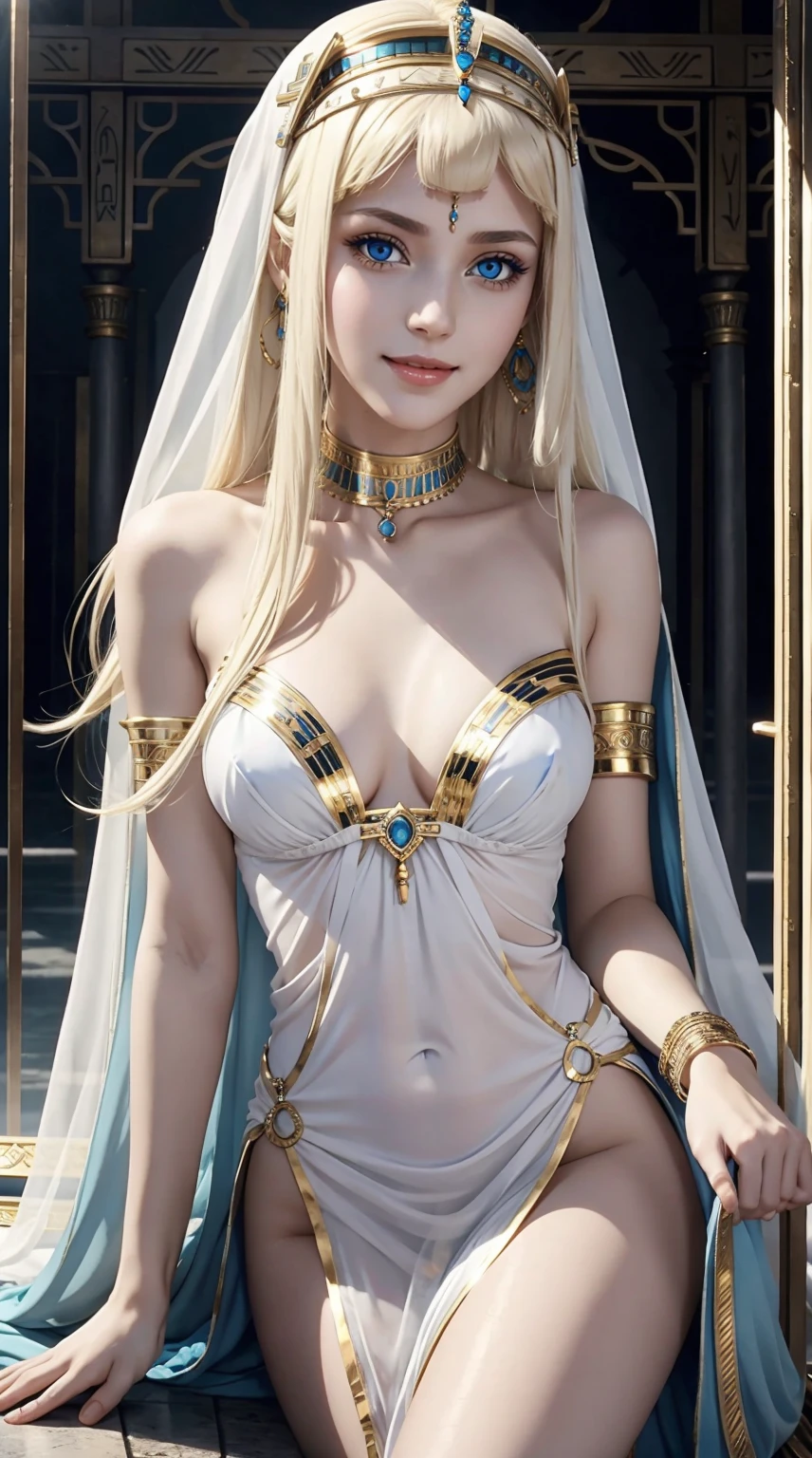 Cleopatra of Egypt、She is a timeless beauty、be white、platinum-blonde、blue eyess、Wearing transparent cloth、a smile