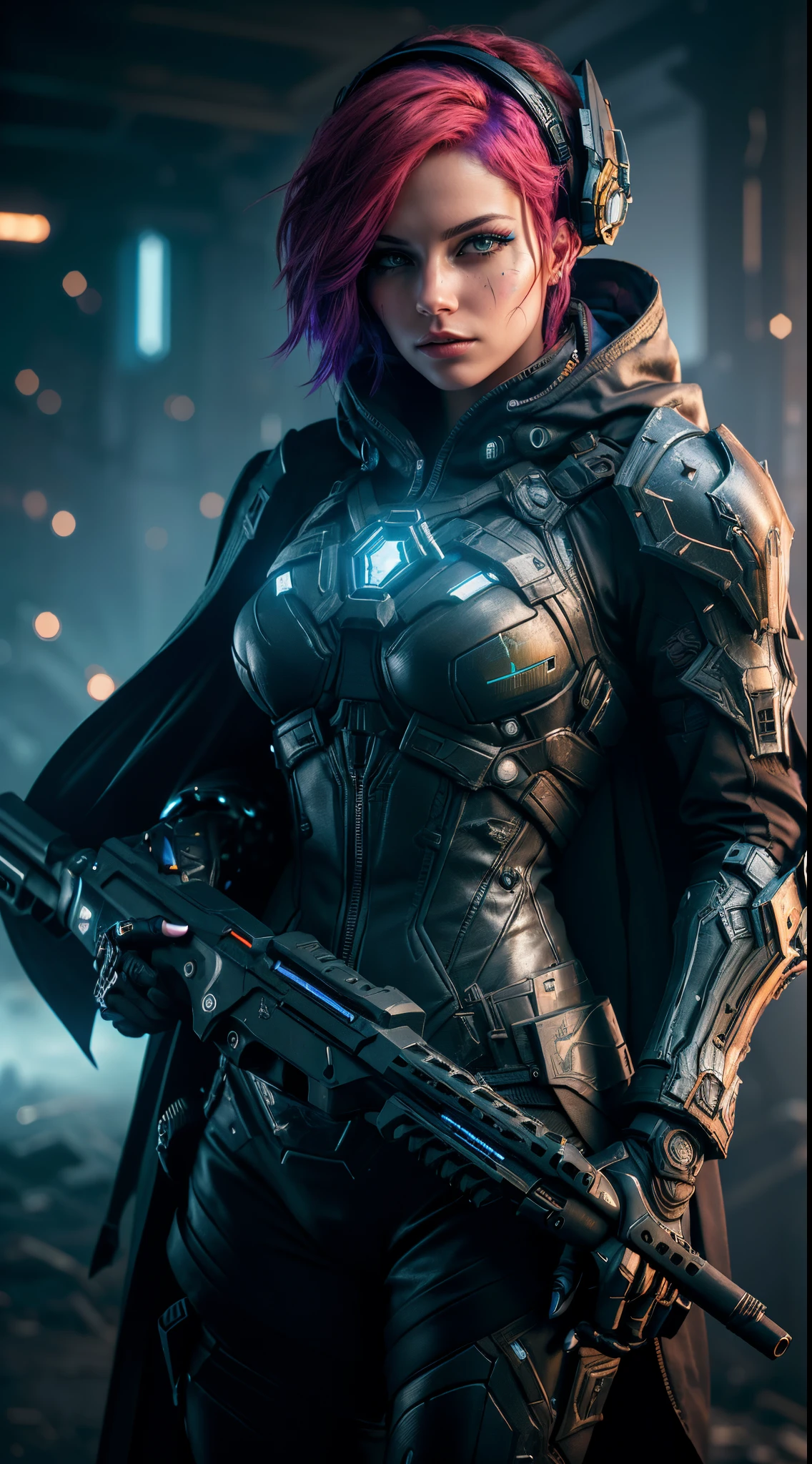 ,a close up of a person in a hooded jacket holding a weapon, cyborg dr doom in ornate armour, warframe art, warframe destiny art, warframe armor, unreal engine character art, warframe concept art, cyber universe style, detailed warframe, warframe destiny, warframe, movie still of a villain cyborg, warframe fanart (8k, foto RAW, fotorrealista: 1, 25), (muito brilho labial, very many eyelashes, melhor qualidade, ultra high-resolution, Profundidade de Campo, chromatic aberration, Luz Ampla, Cor Natural, distant images (1:2), macro-details, scratched armor, scuffed armor, dented armor, battles scars, head up display visor, hologram, holstered pistol, mono visor, wearing a long torn hooded cloak, torn cape, foggy background, deep shadows, horror mood, dark room, eerie presence, doomed, fear, scared, arises from darkness