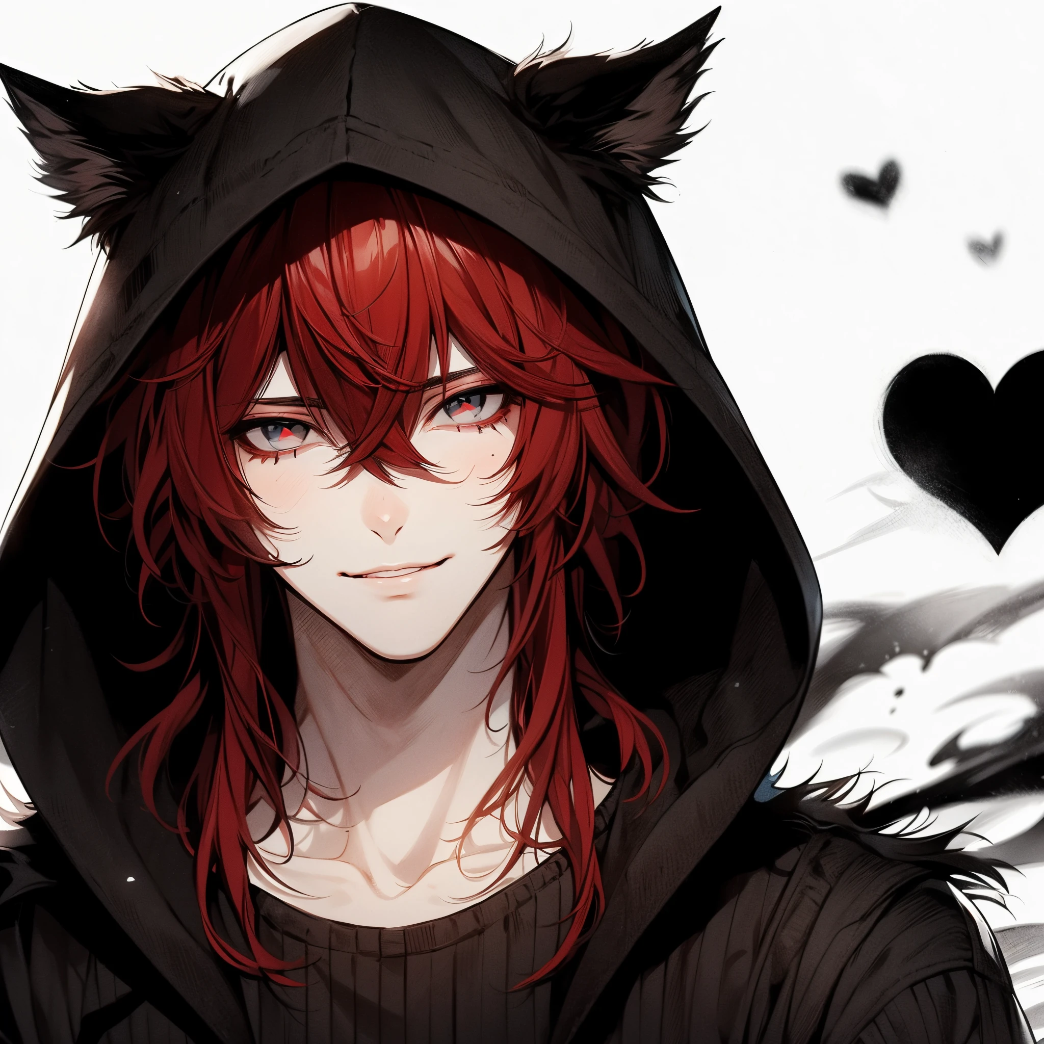 Black eyes、Evil smile, Beautiful young man, Red hair, Gray eyes, shoulder length hair, slit-eyes, black hooded hoodie with wolf ears, White background, Dog Pose, shoulders up, flying black heart,High quality, amount of drawing, pixiv illustration