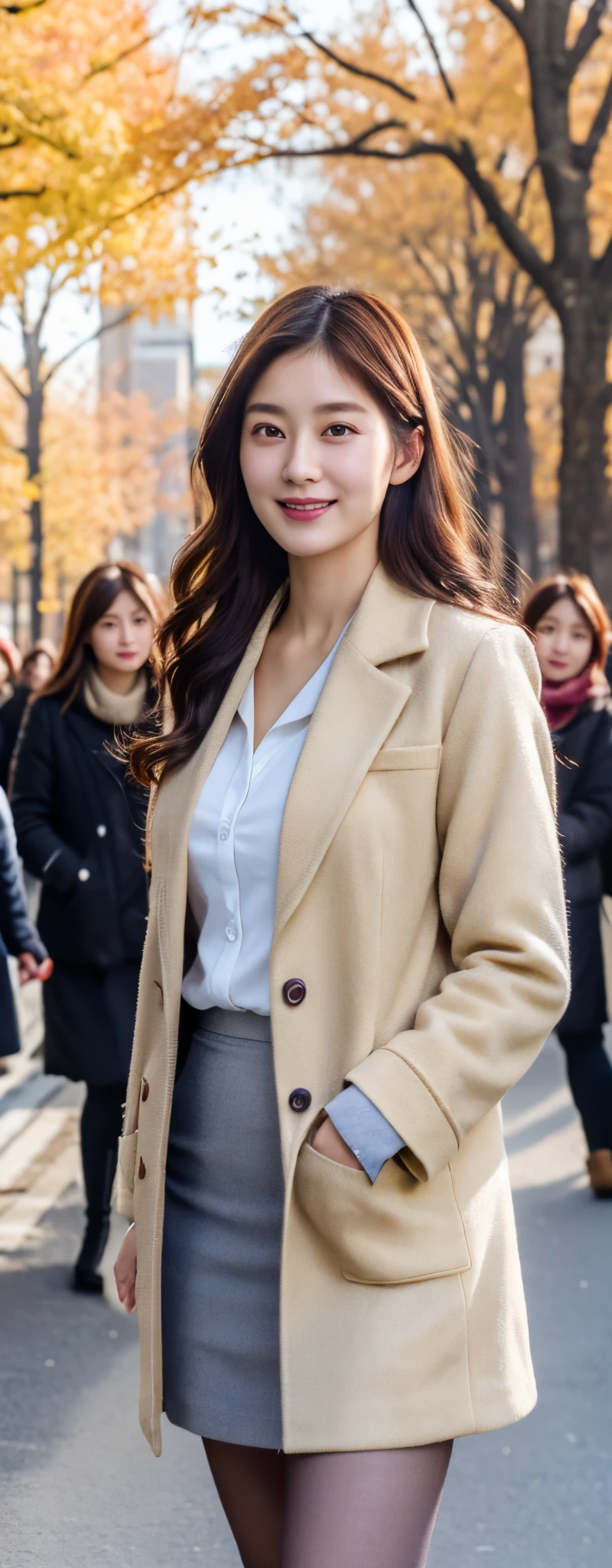 A woman in a tan coat and skirt walking down a street - SeaArt AI