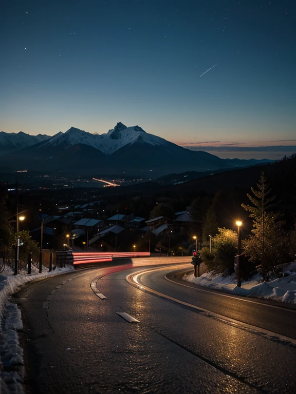 vehicles going down a mountain road, hyper zoom, night, snow, high resolution, hyper realism, cinematic, 1280x720, 8k