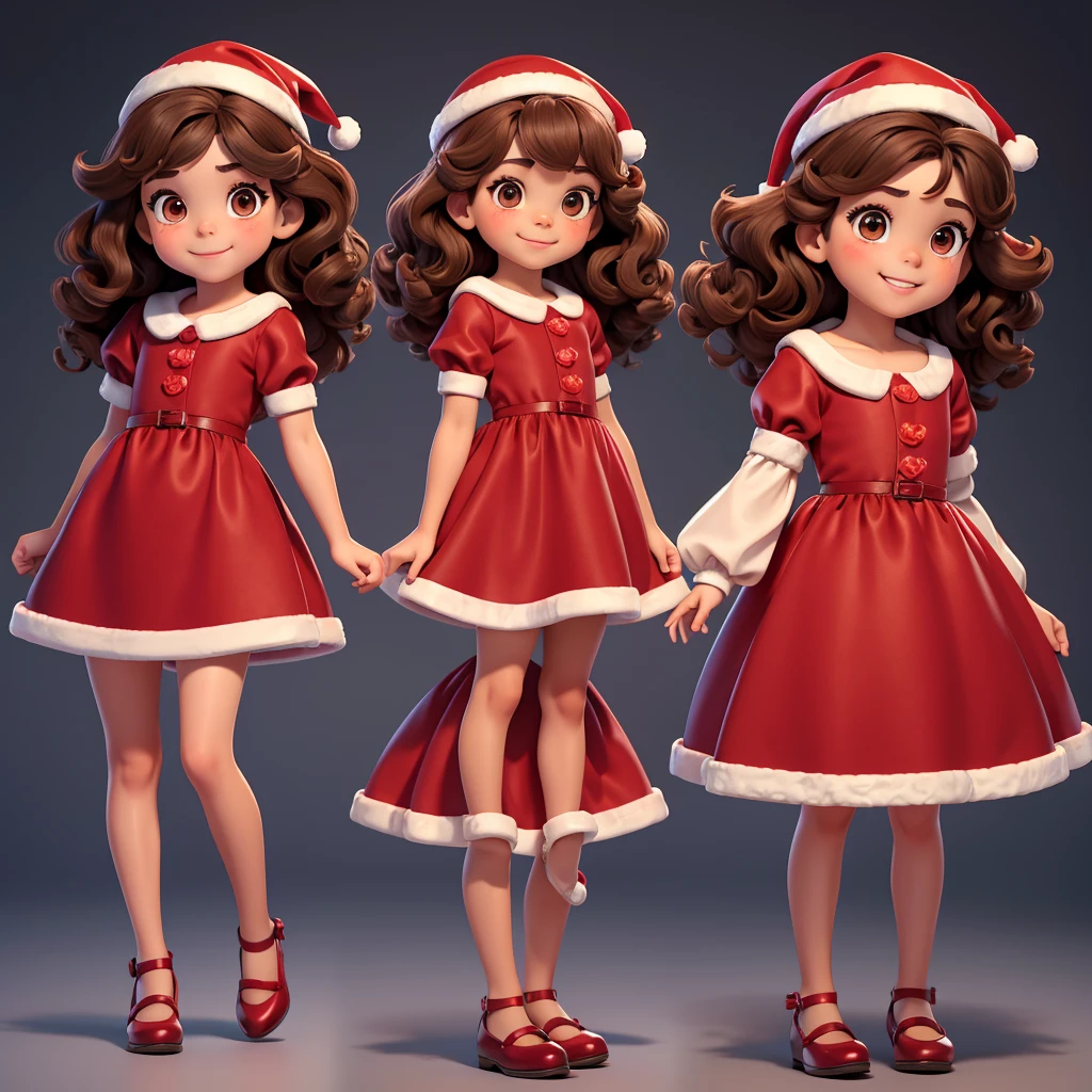 full body image profile poses. of two small children, a four year old girl, curly brown hair, brown eyes, charming smile, wearing dark red dress, Christmas celebration style