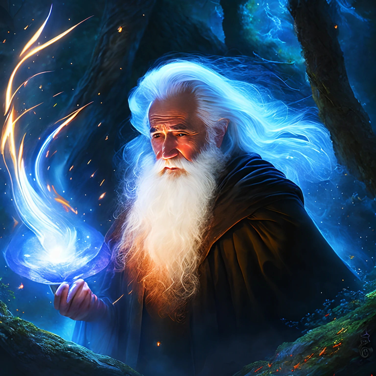 mago, old man, cabelos brancos, Magic, cinemactic, Pintura, casting powerful spell, Flores de fogo, iluminando uma floresta encantada,