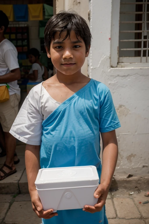 A 's popsicle seller with his white Styrofoam box on his shoulder selling in downtown Manaus.