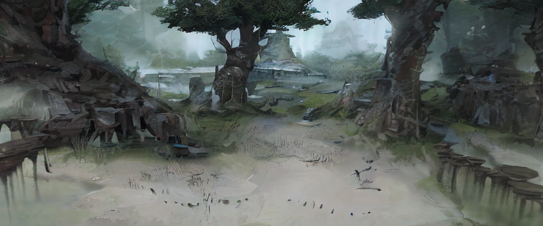 there is a photo of a fantasy town with many trees, invadiendo kashyyyk, Pueblo Orco, Escenario de Star Wars, Dota Matte Painting Concept Art, Epic cinematic concept art, Paisaje de avatar, Dota! Arte conceptual de pintura mate, Escena del arte conceptual, Impresionante arte conceptual, Taller de Weta Concept Art, ILM of an epic science fiction, Arte conceptual galardonado