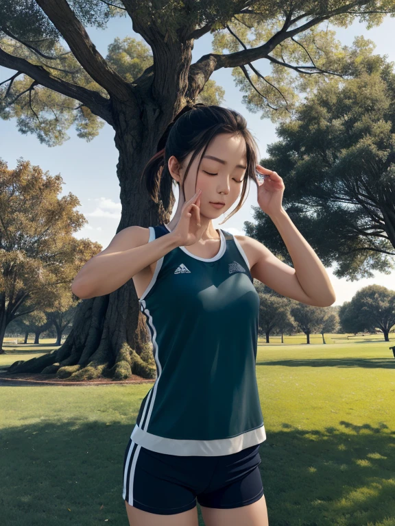 Best quality at best, detailedbackground, girl, ,a park, sportswear,Facing the big tree,Close your eyes and touch the tree with your hands