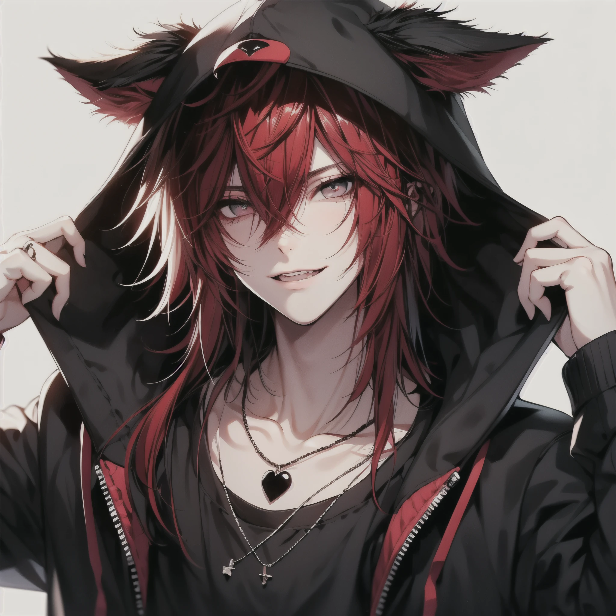 Black eyes、Evil smile, Beautiful young man, Red hair, Gray eyes, shoulder length hair, slit-eyes, black hooded hoodie with wolf ears, White background, Dog Pose, shoulders up, flying black heart,High quality, amount of drawing, pixiv illustration