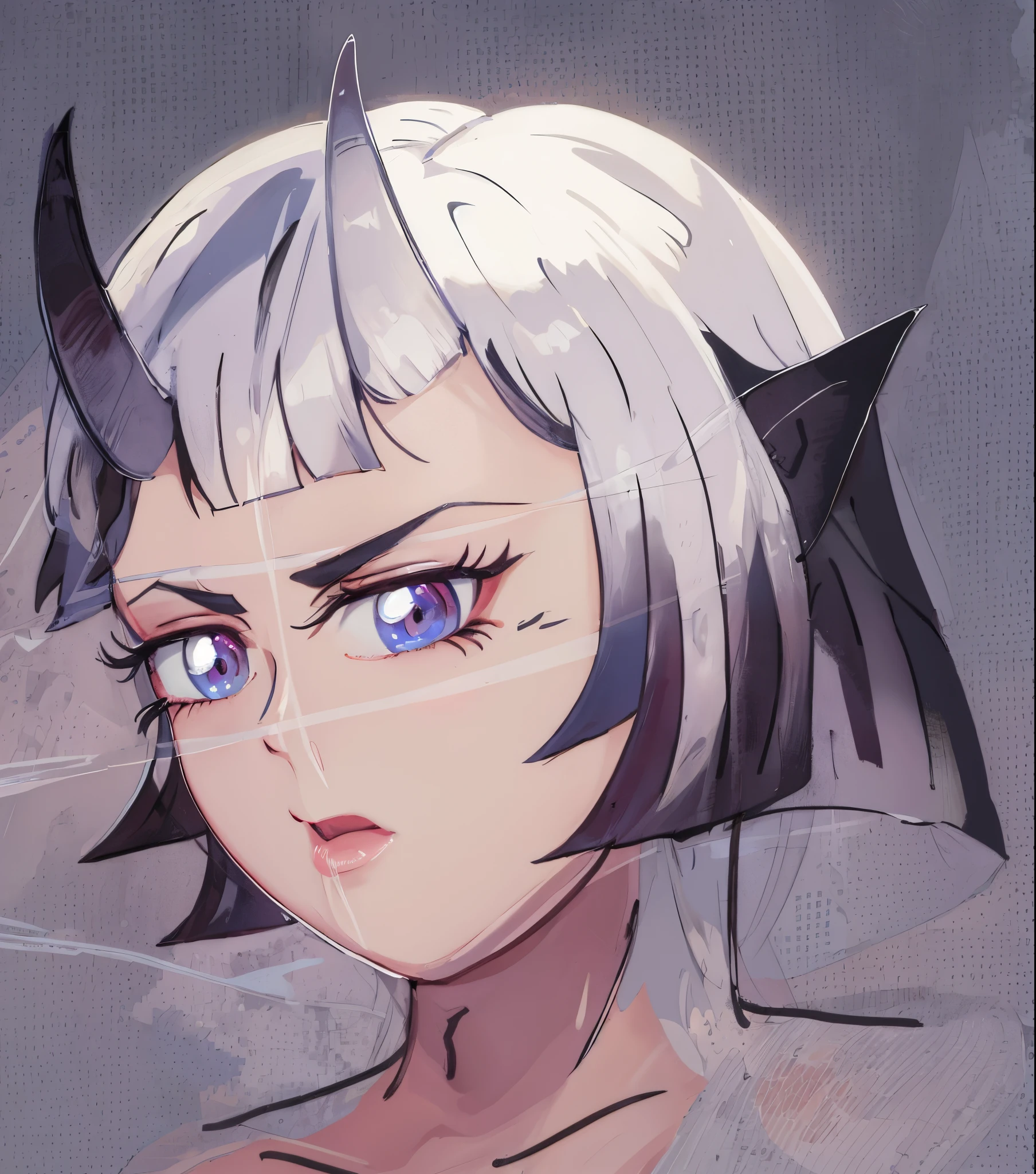 High quality, two horns on the head, white skin, blue eyes, pink lipstick, eyelashes, big head of hair, erotic atmosphere, black hair color,
