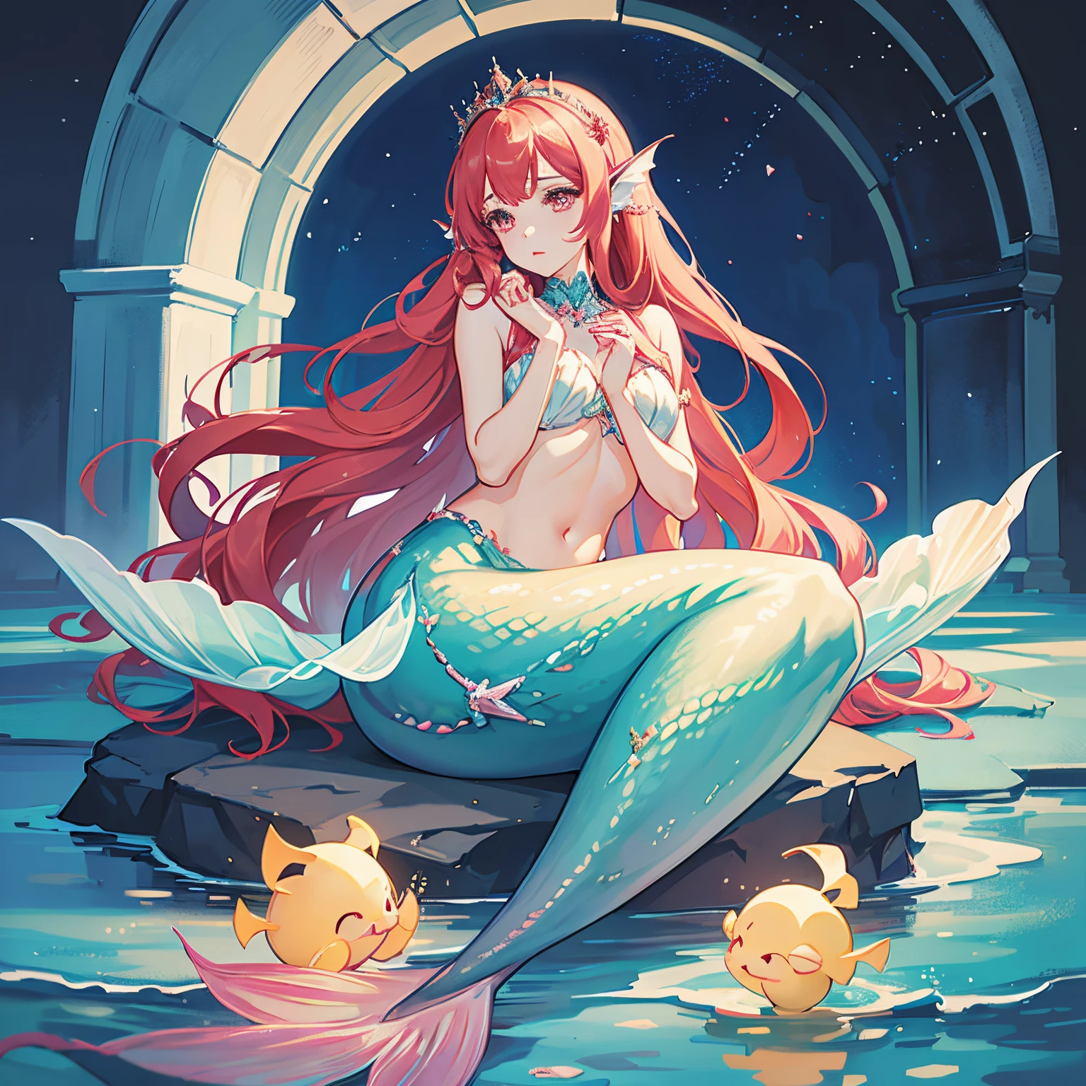 The prompt for the given theme is: "A pretty -yeld press magically transformed into a beautiful mermaid, with a race swap. She has a fish-like appearance, including a long red mermaid tail below her waistline and fins as ears. The artwork should be drawn in an anime style, with the princess having very long pigtails of red hair and pink eyes. Best quality, 4k, highres, masterpiece:1.2, ultra-detailed, realistic:1.37 Medium: Anime Additional details: Sparkling ocean waves, colorful coral reefs, a golden crown adorning the princess's head, red scales shimmering under sunlight, a bra made of seashells, and a mesmerizing underwater castle in the background. Artistic style: Fantasy, Fantasy-Art, Portraits Color palette: Vibrant and iridescent colors, with shades of red, green, and pink. Lighting: Soft and gentle underwater illumination, creating a magical and ethereal ambiance." Please make sure to adhere to the prompt format and include at least 5 detailed elements related to the theme.