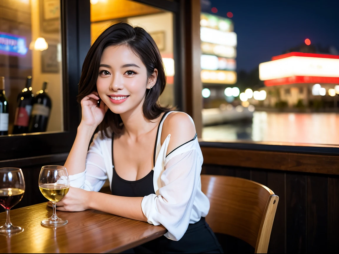(64k uhd, nffsw, of the highest quality, masutepiece: 1.2), (Realistic, Photorealistic: 1.37), American、 1 pretty woman, (Slim Face), (Slim body), (Brown hair), (short-cut), cheeks blush a little, (41 years old), 38 years, Solo, A beautiful night view spreads outside the window, restaurant, Sitting in a wine glass, At night, In a prominent place (from waist up) NovaFrogStyle, actress, Model, waist-up, white wine, slim, wine glasses, Super clean night view, Wine glass placed in the middle, Happy smile, (Smile: 1.15), Beautiful fine eyes, Upper body, Bust Japan Up, Night, Short, Short, actress, Model, waist-up, white wine, slim, wine glasses, Super clean night view, Wine glass placed in the middle, Happy smile,