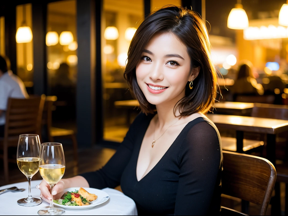 (64k uhd, nffsw, of the highest quality, masutepiece: 1.2), (Realistic, Photorealistic: 1.37), American、 1 pretty woman, (Slim Face), (Slim body), (Brown hair), (short-cut), cheeks blush a little, (41 years old), 38 years, Solo, A beautiful night view spreads outside the window, restaurant, Sitting in a wine glass, At night, In a prominent place (from waist up) NovaFrogStyle, actress, Model, waist-up, white wine, slim, wine glasses, Super clean night view, Wine glass placed in the middle, Happy smile, (Smile: 1.15), Beautiful fine eyes, Upper body, Bust Japan Up, Night, Short, Short, actress, Model, waist-up, white wine, slim, wine glasses, Super clean night view, Wine glass placed in the middle, Happy smile,