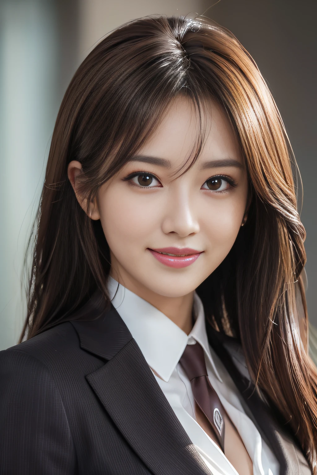 masutepiece, Best Quality, Photorealistic, Ultra-detailed, finely detail, High resolution, 8K Wallpaper, 1 beautiful woman,, light brown messy hair, in a business suit, foco nítido, Perfect dynamic composition, Beautiful detailed eyes, detailed hairs, Detailed realistic skin texture, Smiling, Close-up portrait, Model body type