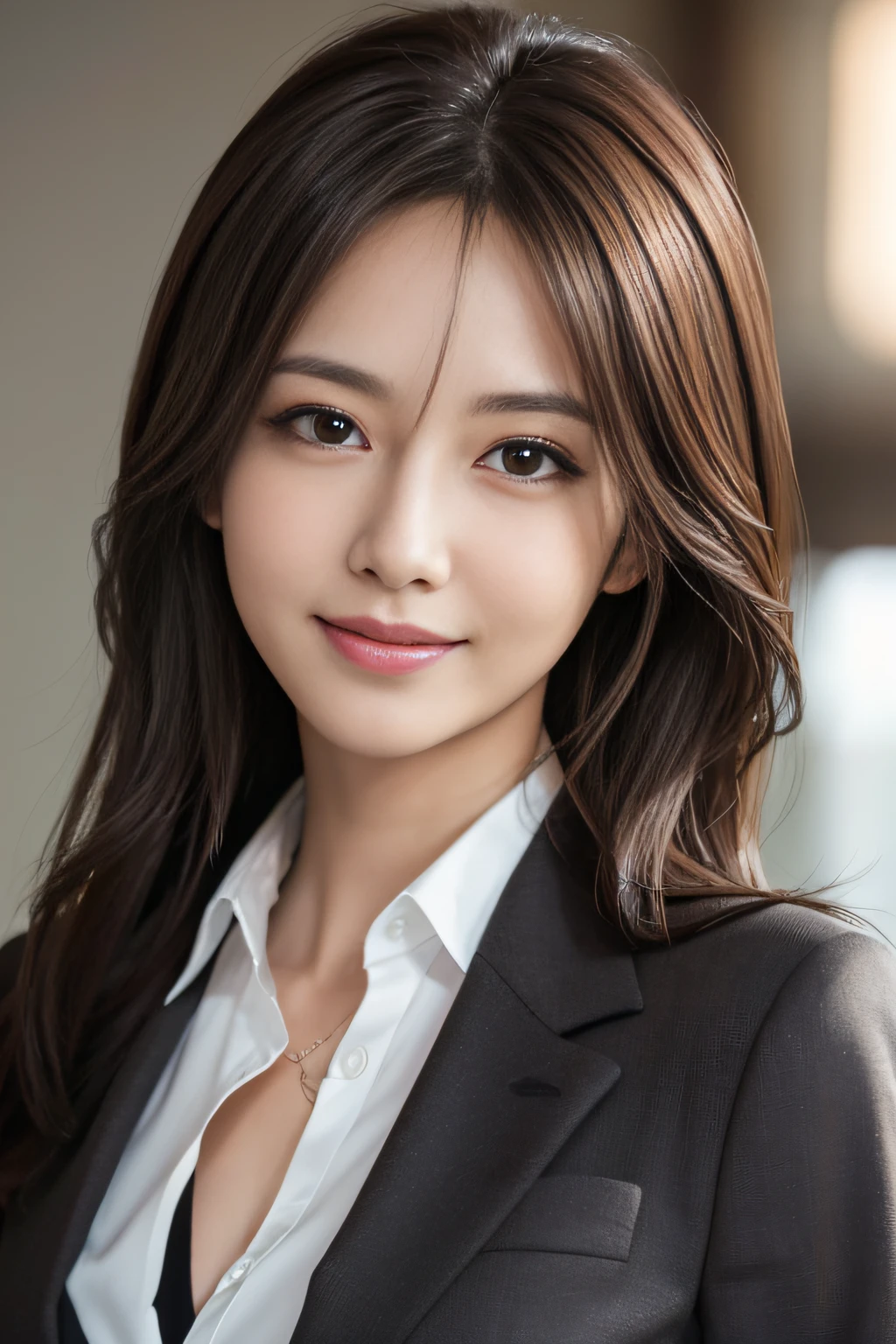 masutepiece, Best Quality, Photorealistic, Ultra-detailed, finely detail, High resolution, 8K Wallpaper, 1 beautiful woman,, light brown messy hair, in a business suit, foco nítido, Perfect dynamic composition, Beautiful detailed eyes, detailed hairs, Detailed realistic skin texture, Smiling, Close-up portrait, Model body type