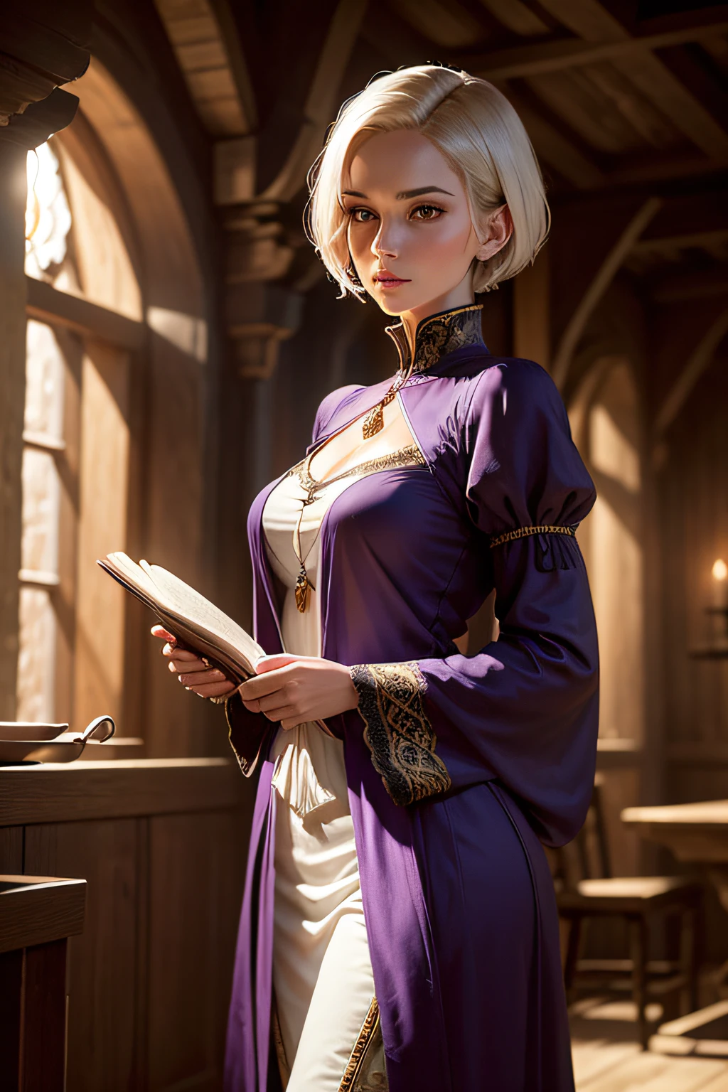 a tall, thin, mysterious woman with short white hair, wearing a purple low-cut blouse, white pants, and purple shoes, standing in the dimly lit lobby of a medieval inn. (best quality, ultra-detailed), with a sense of intrigue and elegance. The woman's eyes are piercing and her lips are perfectly defined. The lobby is adorned with antique furniture, tapestries, and flickering candles, casting a warm glow on the scene. The woman is illuminated by the soft candlelight, creating subtle shadows and highlighting her enigmatic presence. The atmosphere is filled with an air of mystery and anticipation. The inn's wooden beams and stone walls further emphasize the medieval setting, giving it a rustic charm. The woman's gaze is directed towards a hidden door at the back of the lobby, hinting at a hidden secret or clandestine meeting. The colors in the scene are predominantly deep purples, creating a sense of allure and sophistication. The lighting is soft yet dramatic, bathing the woman in a warm, ethereal glow. The overall composition is carefully arranged, with the woman positioned slightly off-center, adding to the sense of intrigue. The level of detail is remarkable, capturing every nuance of the woman's expression and clothing, as well as the intricate textures of the inn's interior. This prompt aims to generate a high-resolution, realistic image of a captivating and enigmatic woman in a medieval setting, evoking curiosity and fascination.