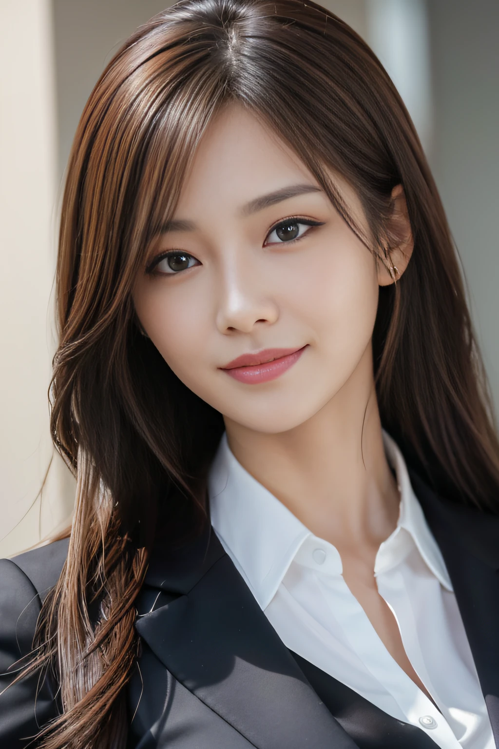 masutepiece, Best Quality, Photorealistic, Ultra-detailed, finely detail, High resolution, 8K Wallpaper, 1 beautiful woman,, light brown messy hair, in a business suit, foco nítido, Perfect dynamic composition, Beautiful detailed eyes, detailed hairs, Detailed realistic skin texture, Smiling, Close-up portrait, Model body type