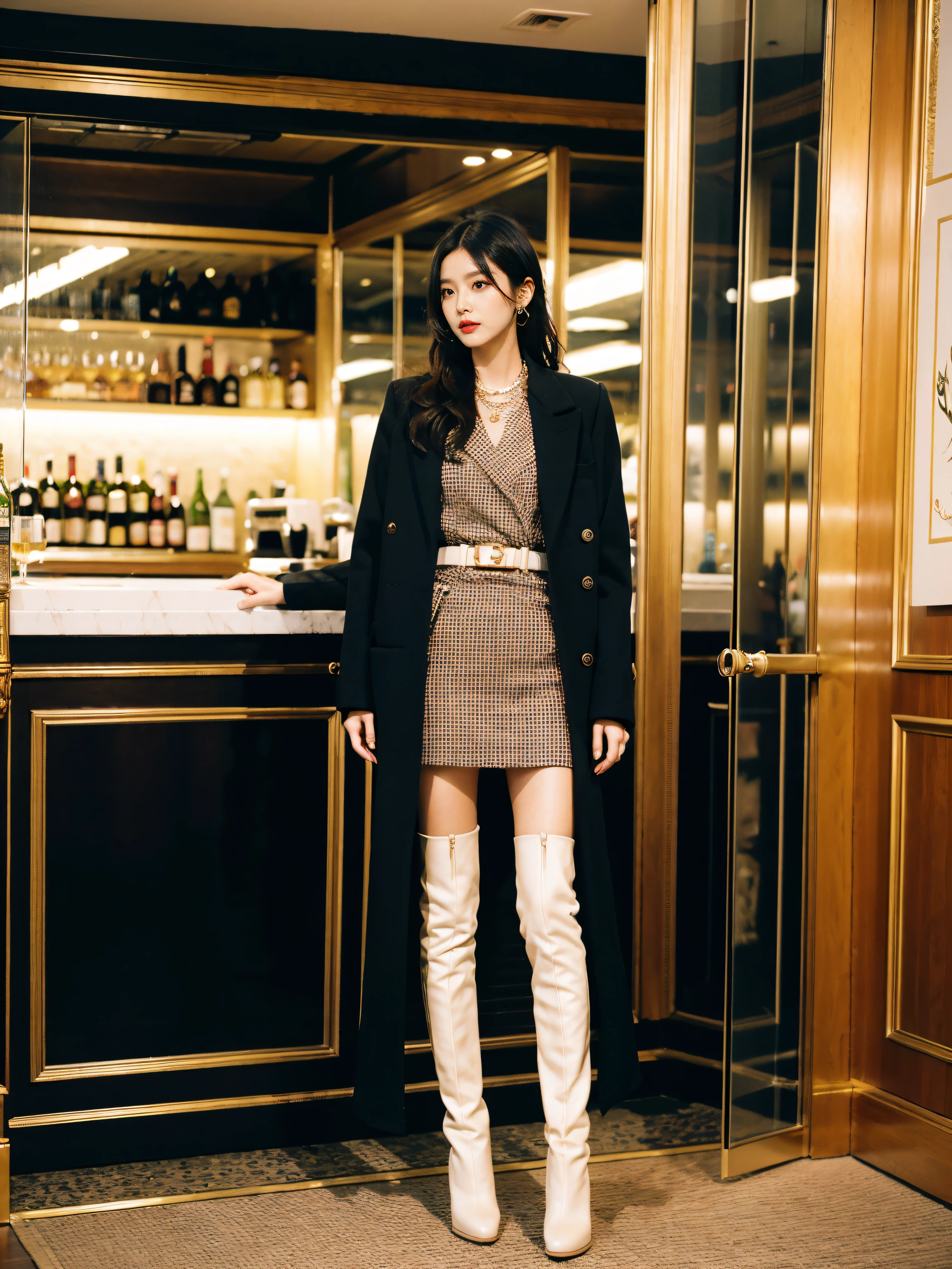 Best quality,tmasterpiece,超高分辨率,(actual:1.4),RAW photos,hyper HD，8K，There  one girl，Stylish clothes,Chanel style，Stylish skinny suit, wearing jacket and skirt,high-class fashion，ellegance, short skirt and a long jacket, tigh-high boots，Over-the-knee boots，Casual pose