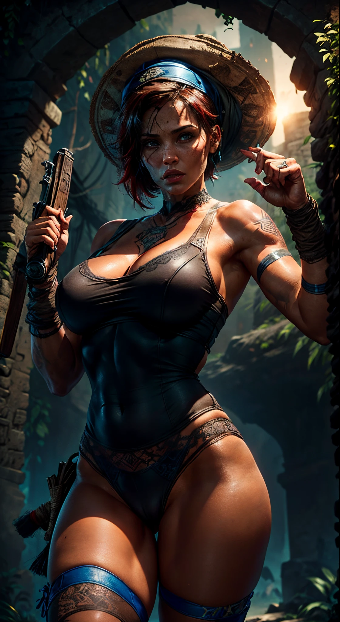 Jennifer Garner shown to have a fairly slender figure. She has red hair, she has very short hair, Cleavage exposed, (((classic Tomb Raider pose))), dark, blurry, soft light, superior quality, many details, sharp focus, realism, ((cobalt blue eyes)), (((sexy tattoos all over body))), ((large defined muscles)), ((red lace)), ((camel toe)), ((cameltoe)), ((wearing Tomb Raider outfit)),  ((wearing a hat)), ((holding Tomb Raider weapons)), ((very dark tan))