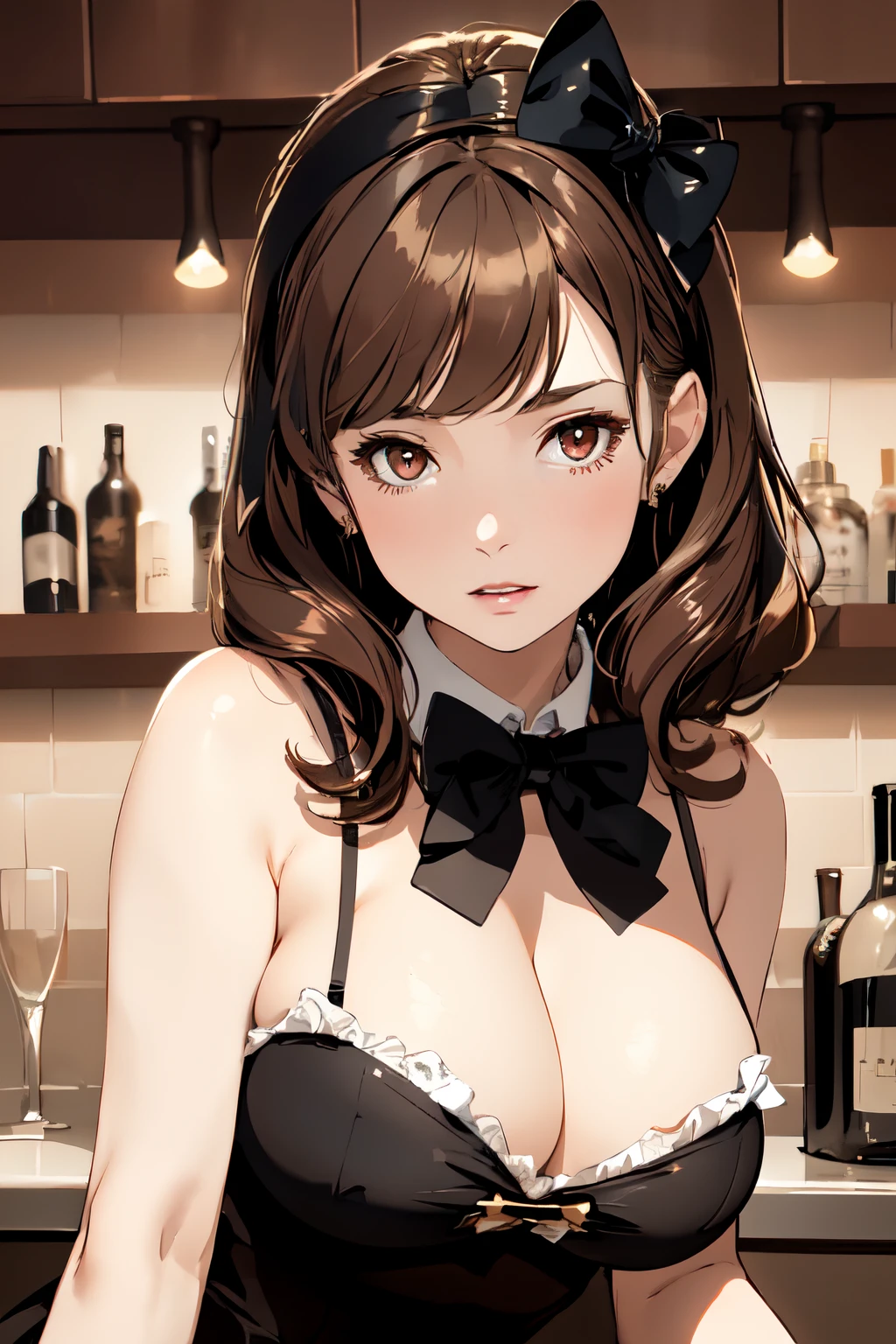 1lady, Solo, Sexual huge cleavage, Brown hair, Parted bangs, brown eye masterpiece, Best Quality:1.2) delicate illustration, Ultra-detailed, Choppy, cleavage, slim, ((Half body)), ((Black top, a bow tie, Bar counter in the background)