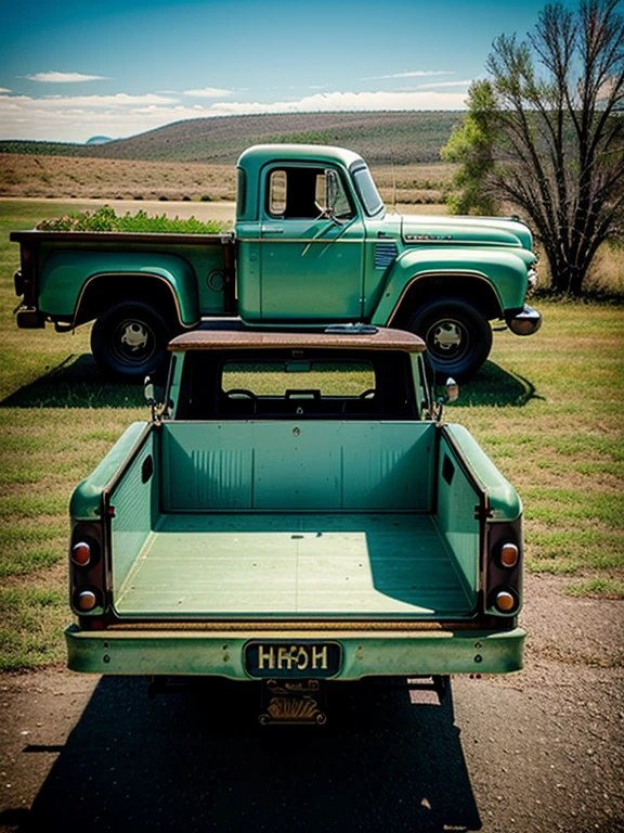 vintage vintage pickup truck with vintage trailer, retro, simple, landscape