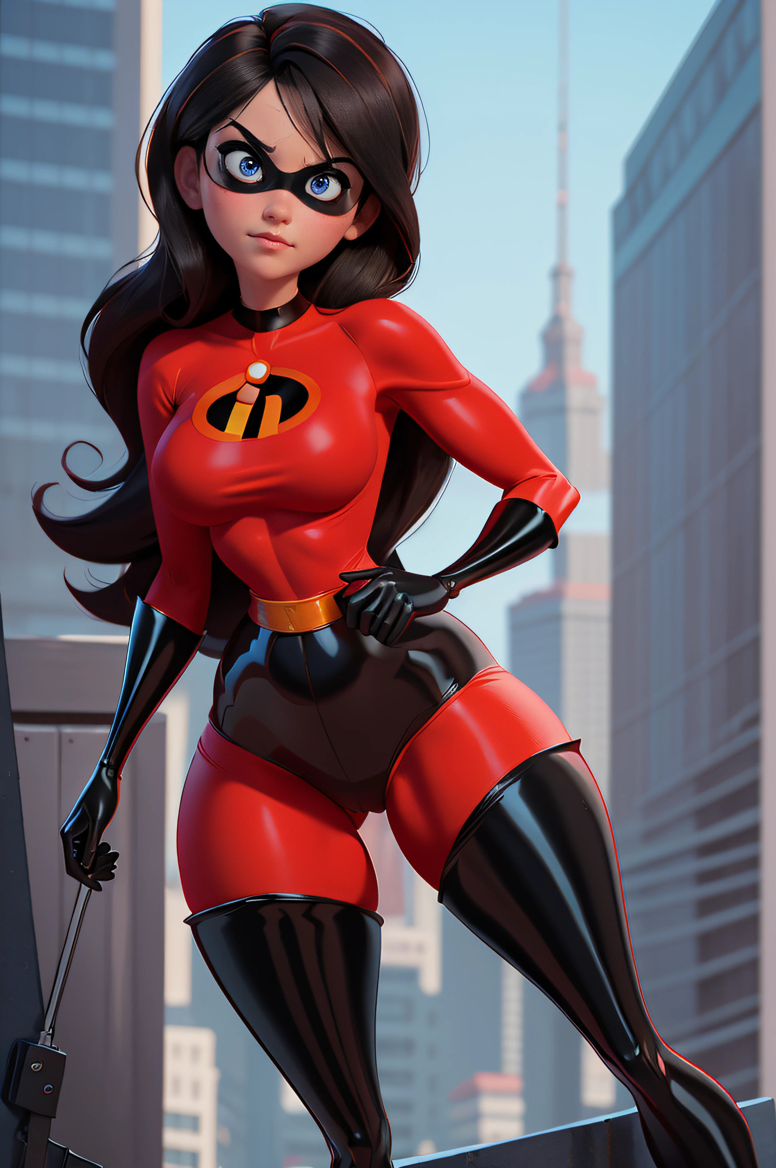 2 women, sexy helen parr and violet parr, ripped skintight red clothes with  black panties and the incredibles logo on, tall black shiny boots. black mask around eyes, long straight black hair, blue eyes, cleavage, masterpiece, high res, 32k (perfect anatomy:1.5), perfect legs, perfect arms, cleavage, short brown har, brown eyes